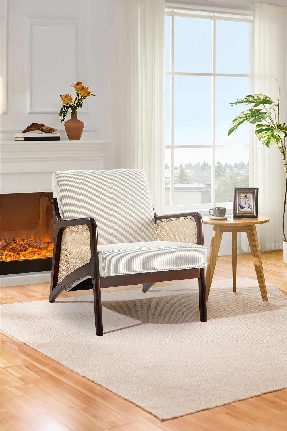 Rackhams Beige Corduroy Armchair With Rattan Armrest