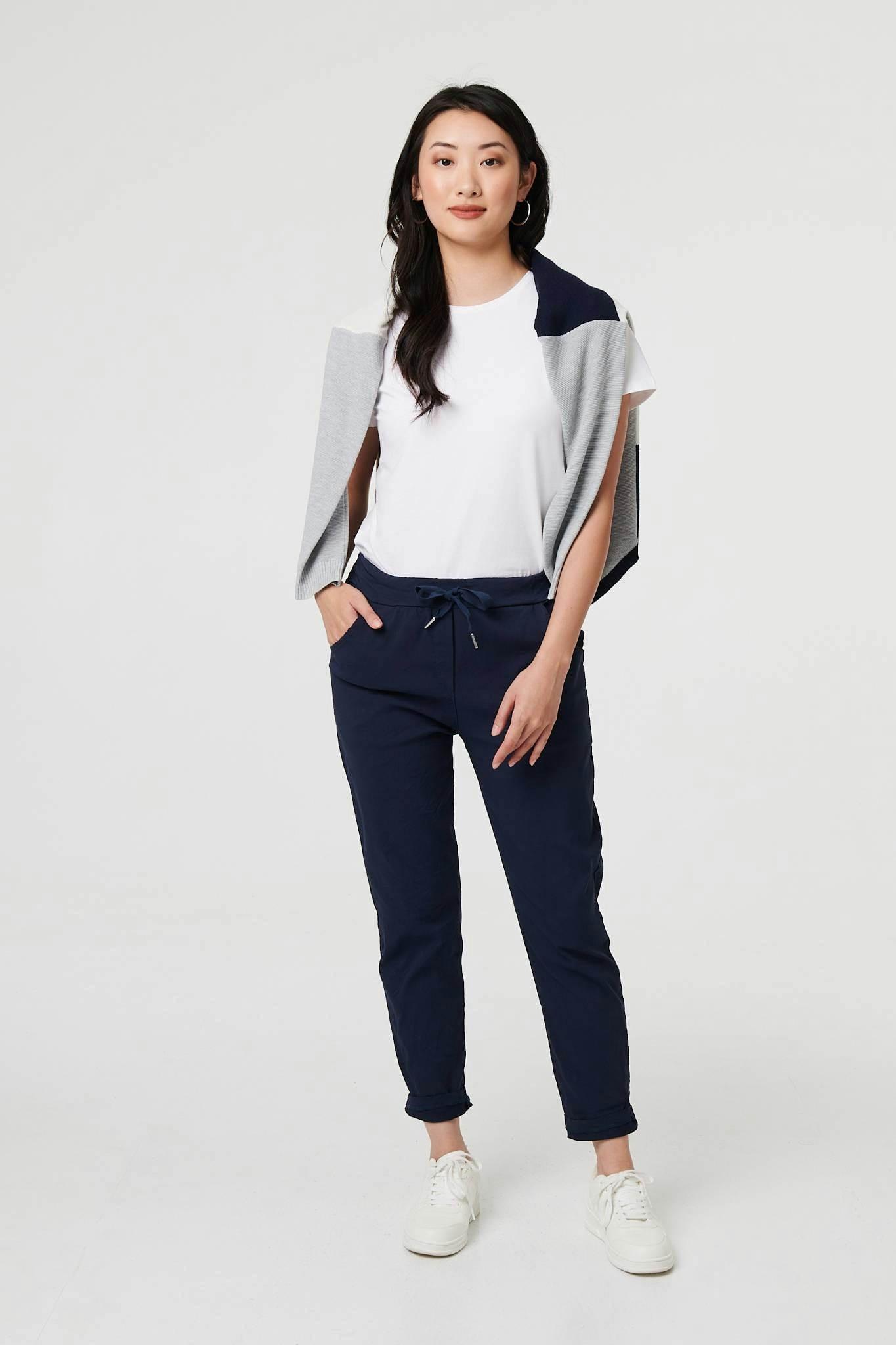 Izabel London Women's Blue Drawstring Tie Waist Tapered Trousers - 12 - Navy