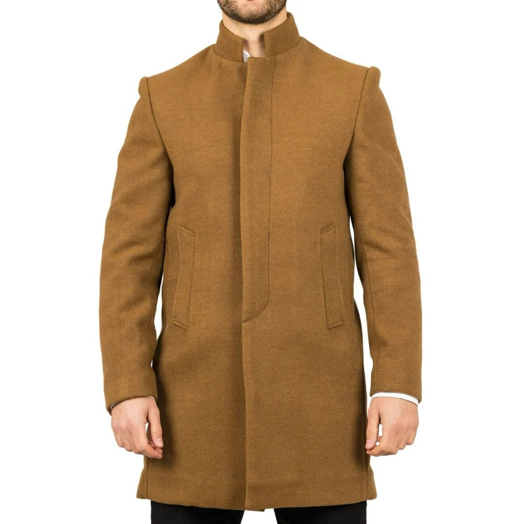 Truclothing Men's Stand Collar Wool Blend Overcoat - Tan - 4XL