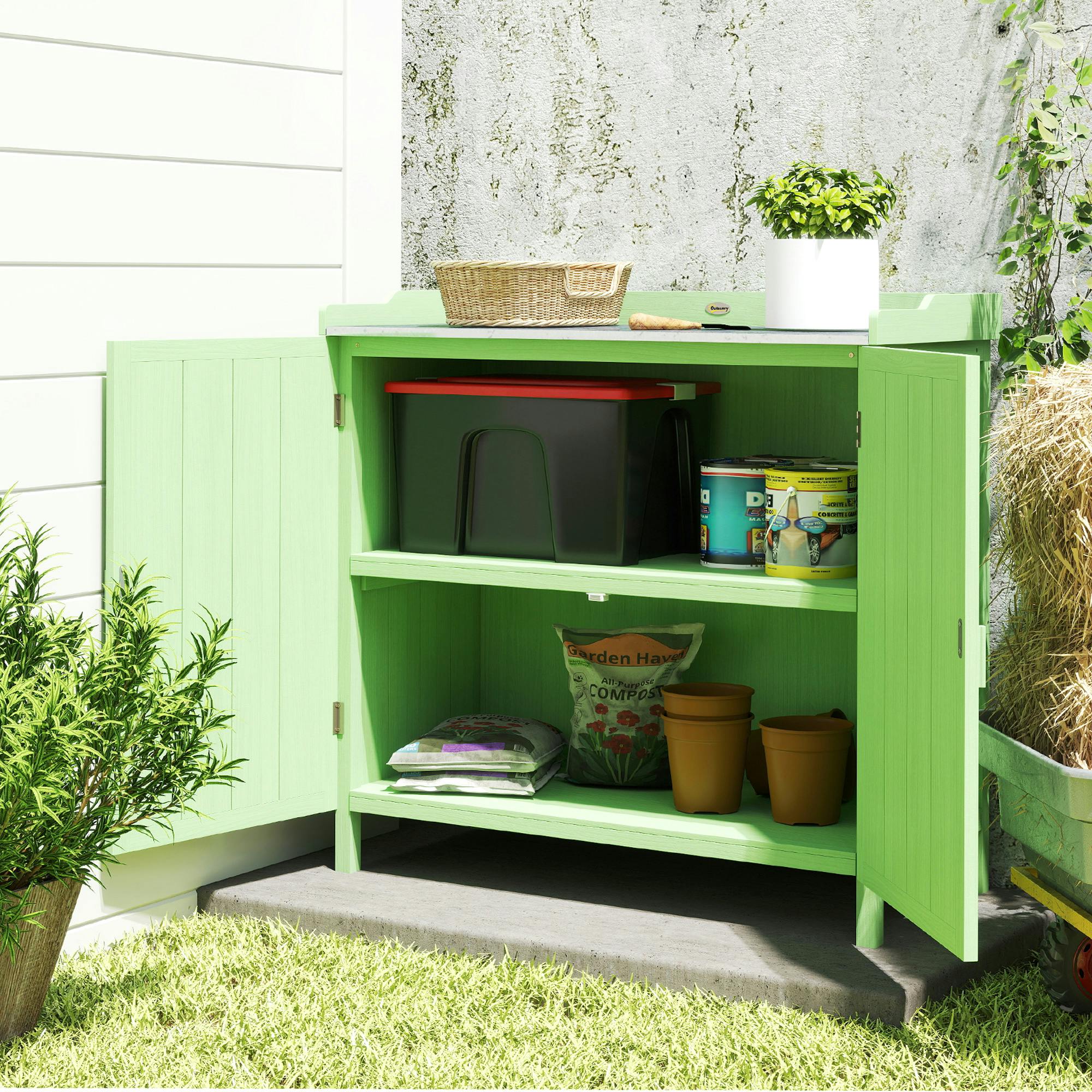 Outsunny Green Garden Storage Cabinet Potting Bench Table W/ Galvanised Top