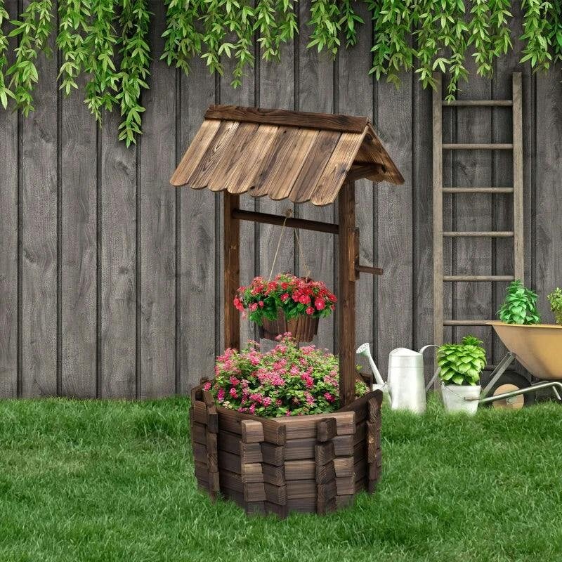 Wooden Wishing Well Planter Garden Flower Pot Bucket Outdoor Decor Brown - Image 5