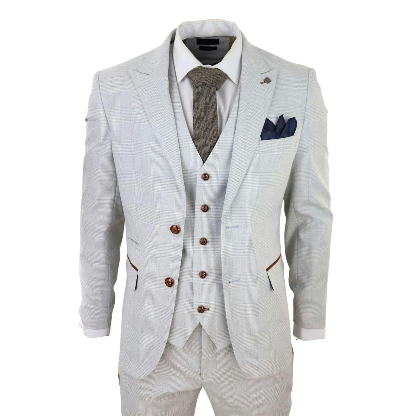 Paul Andrew Men's Grey/Cream Stone 3 Piece Tweed Check Suit - 38" Jacket 32" Trousers