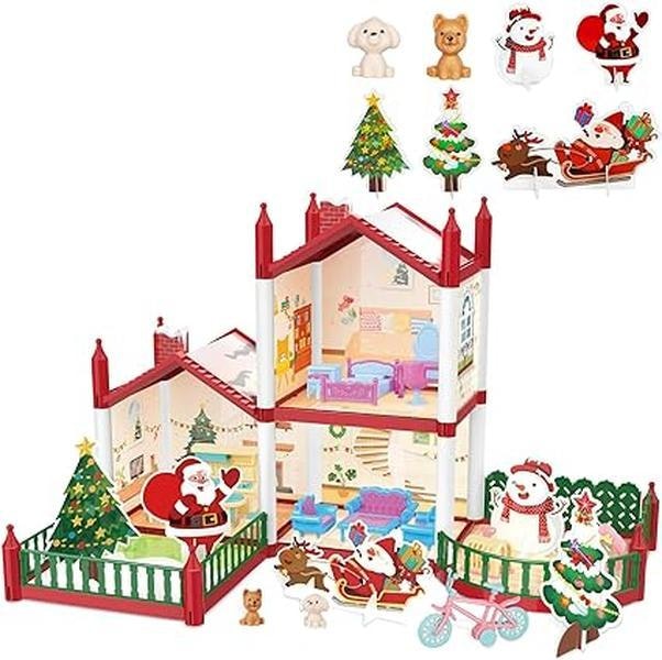 Deao Toys Christmas Doll House Playset, Dream House Pretend Doll House With Accessories Dolls House Garden Princess House Birthday Gifts - 3+
