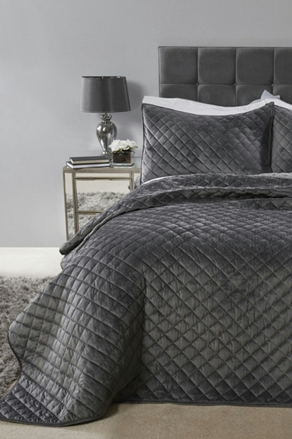 Emma Barclay Silver Regent Crushed Velvet Quilted Bedspread