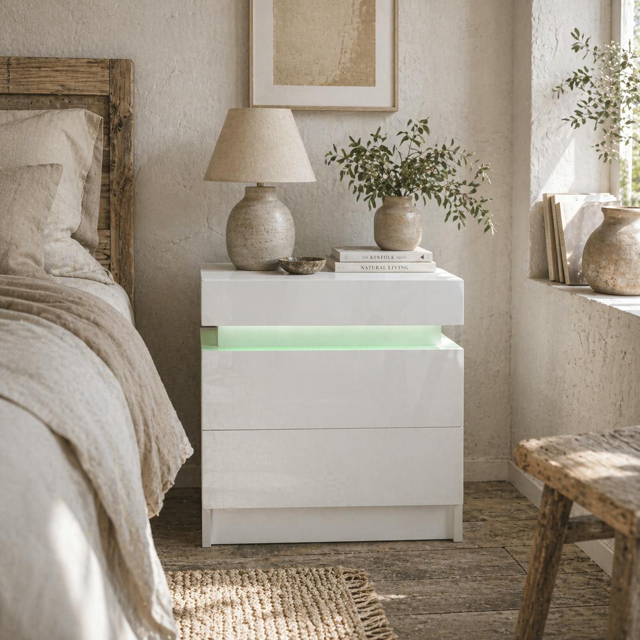 Rackhams White Rema High Gloss Bedside Table With Led Lighting And 2 Drawer Storage