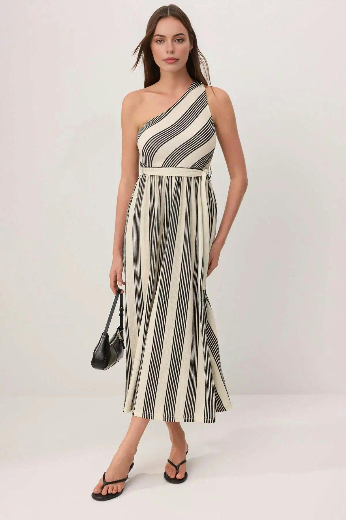 Wovcor Striped Asymmetric Neckline One Sleeve A-Line Midi Dress - Multi - Xs