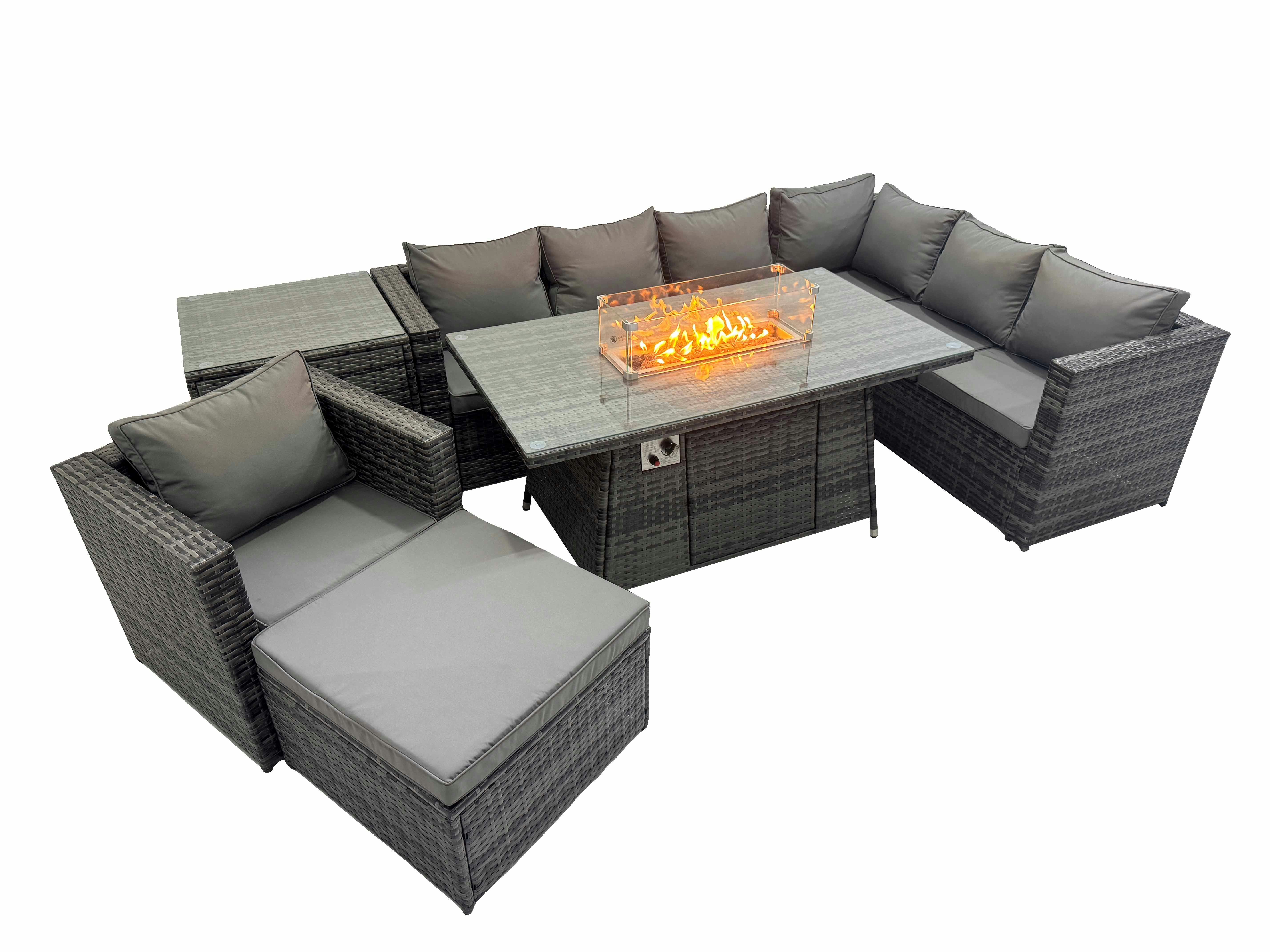 Fimous Dark/Grey Garden Rattan Furniture Set 8 Seater Outdoor Corner Sofa Chair Gas Fire Pit Dining Table Set With Big Stool Side Table