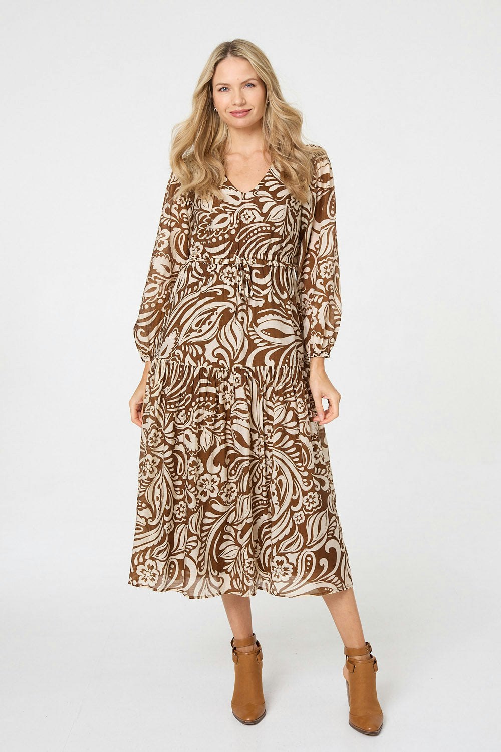 Izabel London Brown Printed Layered Long Sleeve Maxi Dress - 12