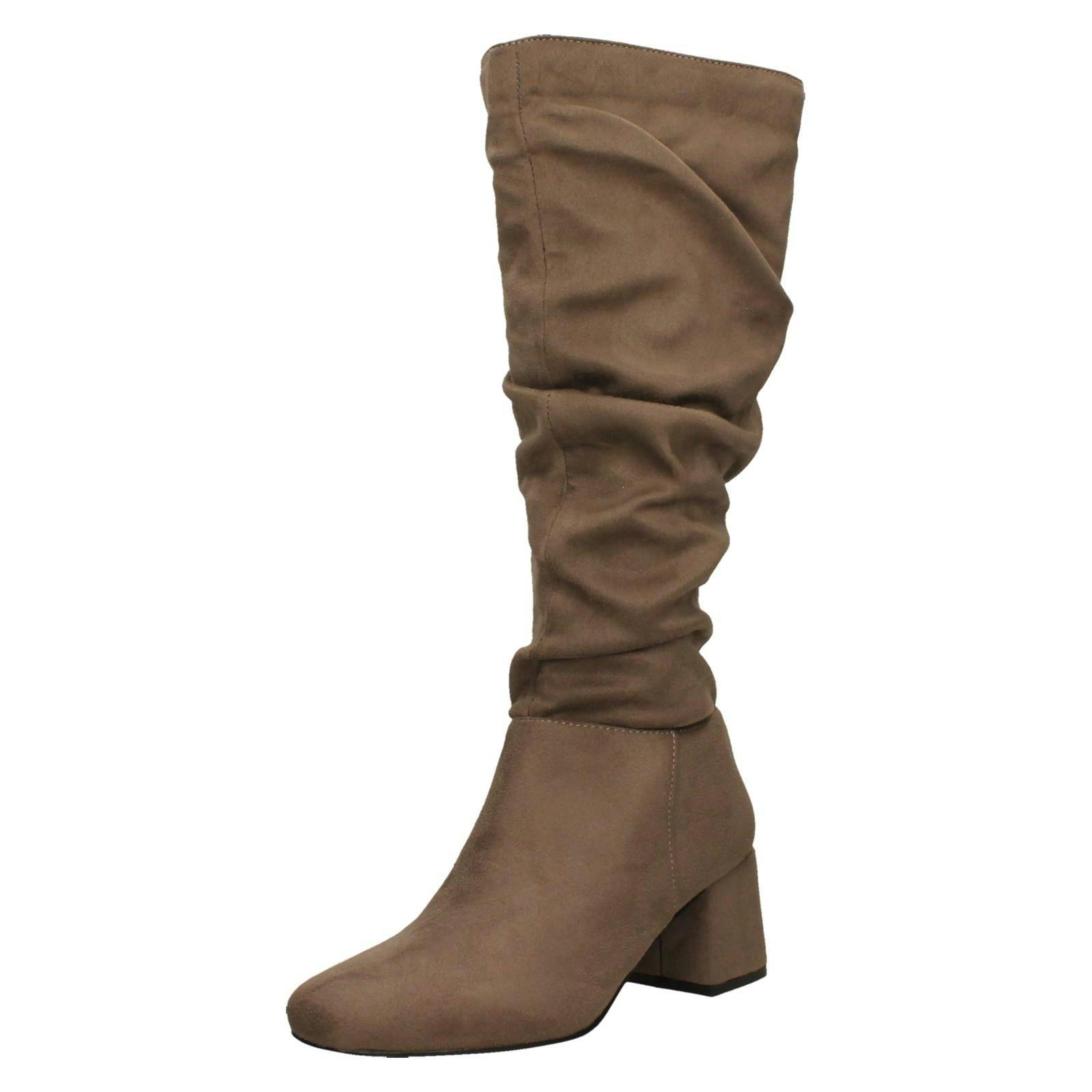 Spot On Women's Rouched Mid Block Heel Knee High Boots F51242 - Taupe - Uk 5