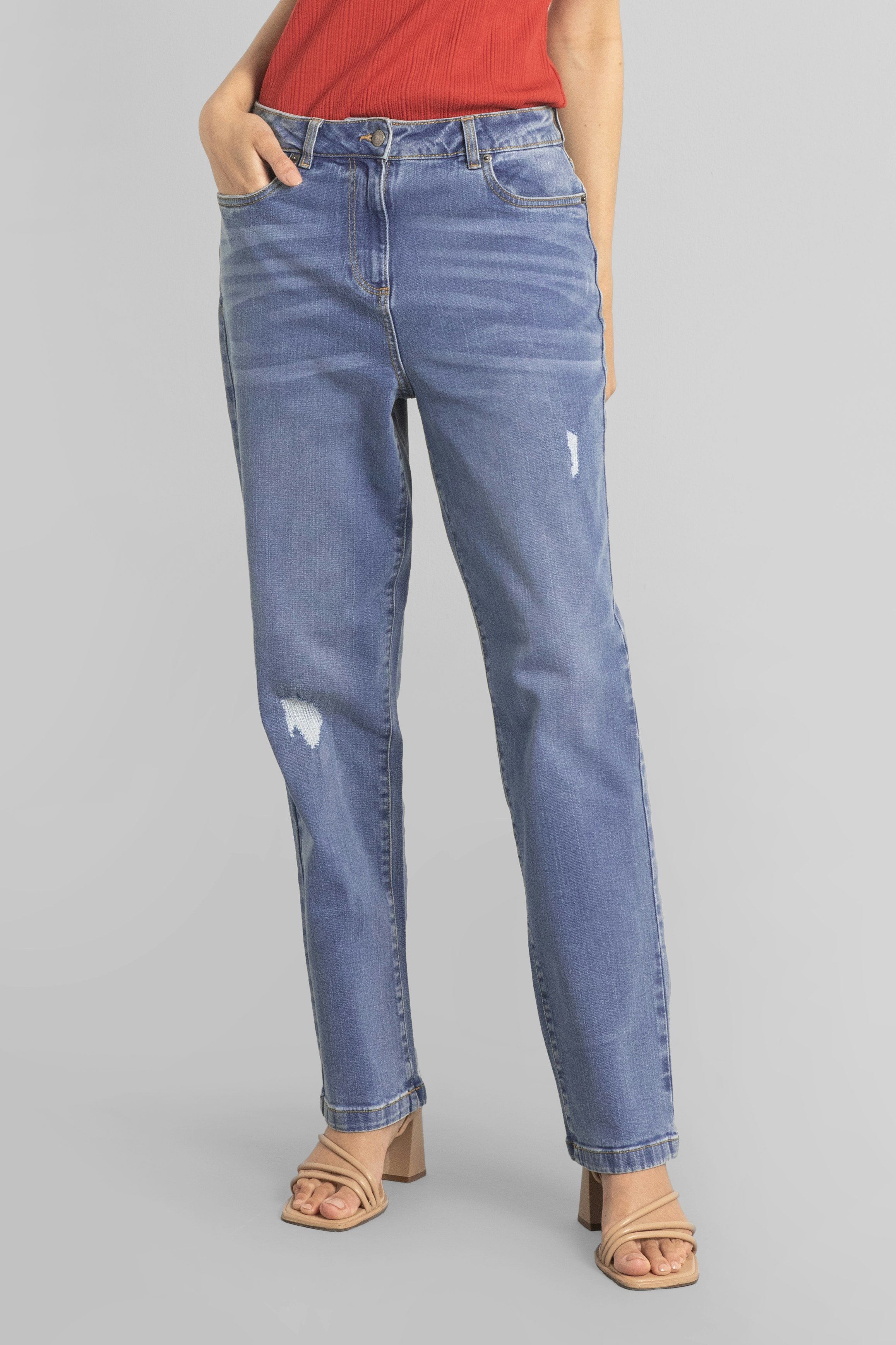 Enorsia Blue Straight Fit High Rise Ripped Jeans - 14 - 99% Cotton, 1% Spandex