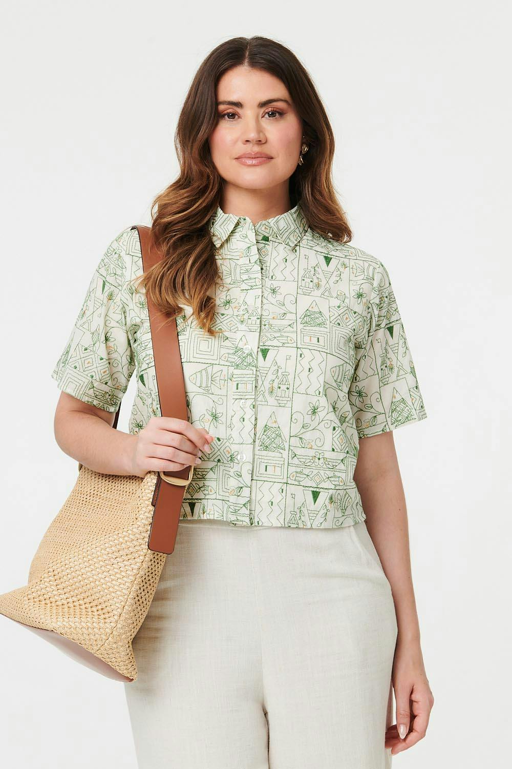 Izabel London Green Abstract Short Sleeve Cropped Shirt - 8
