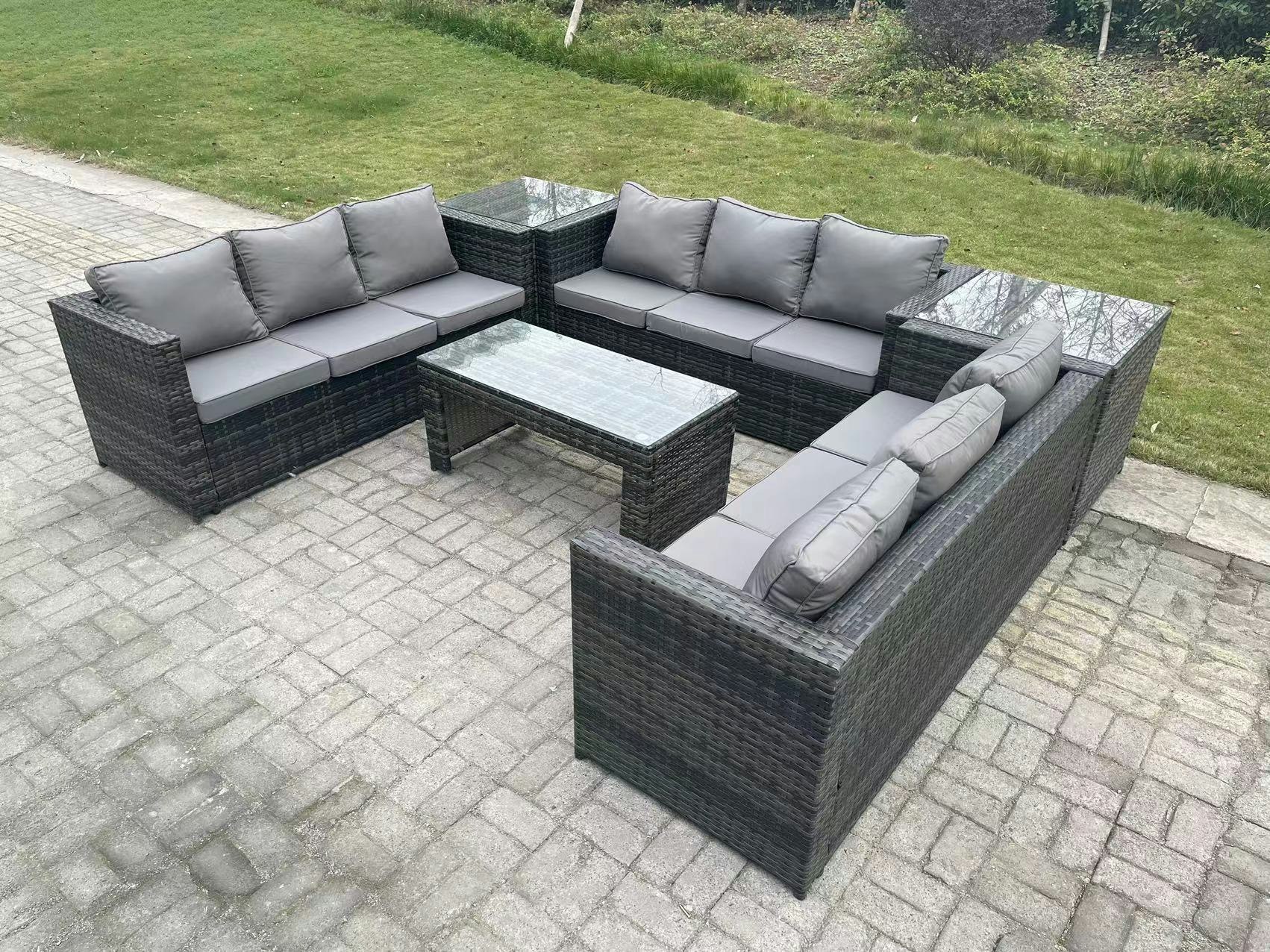 Fimous Dark/Grey Outdoor Rattan Garden Furniture Lounge Sofa Set With Oblong Rectagular Coffee Table And 2 Side Table