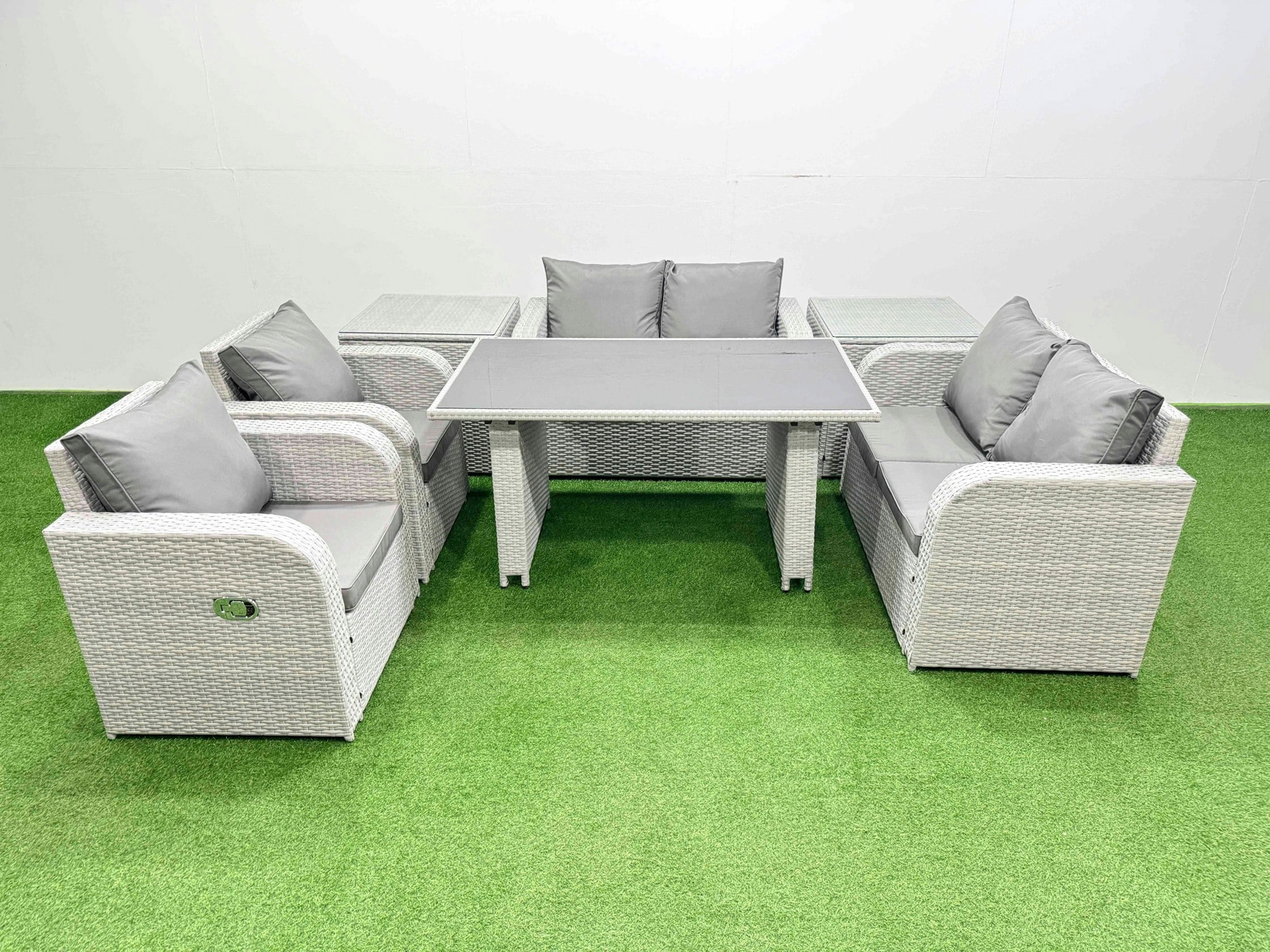 Rackhams Light/Grey Outdoor Pe Rattan Sofa Reclining Chair Set Patio Garden Furniture Sets With Cushions 2 Side Tables 7 Pieces