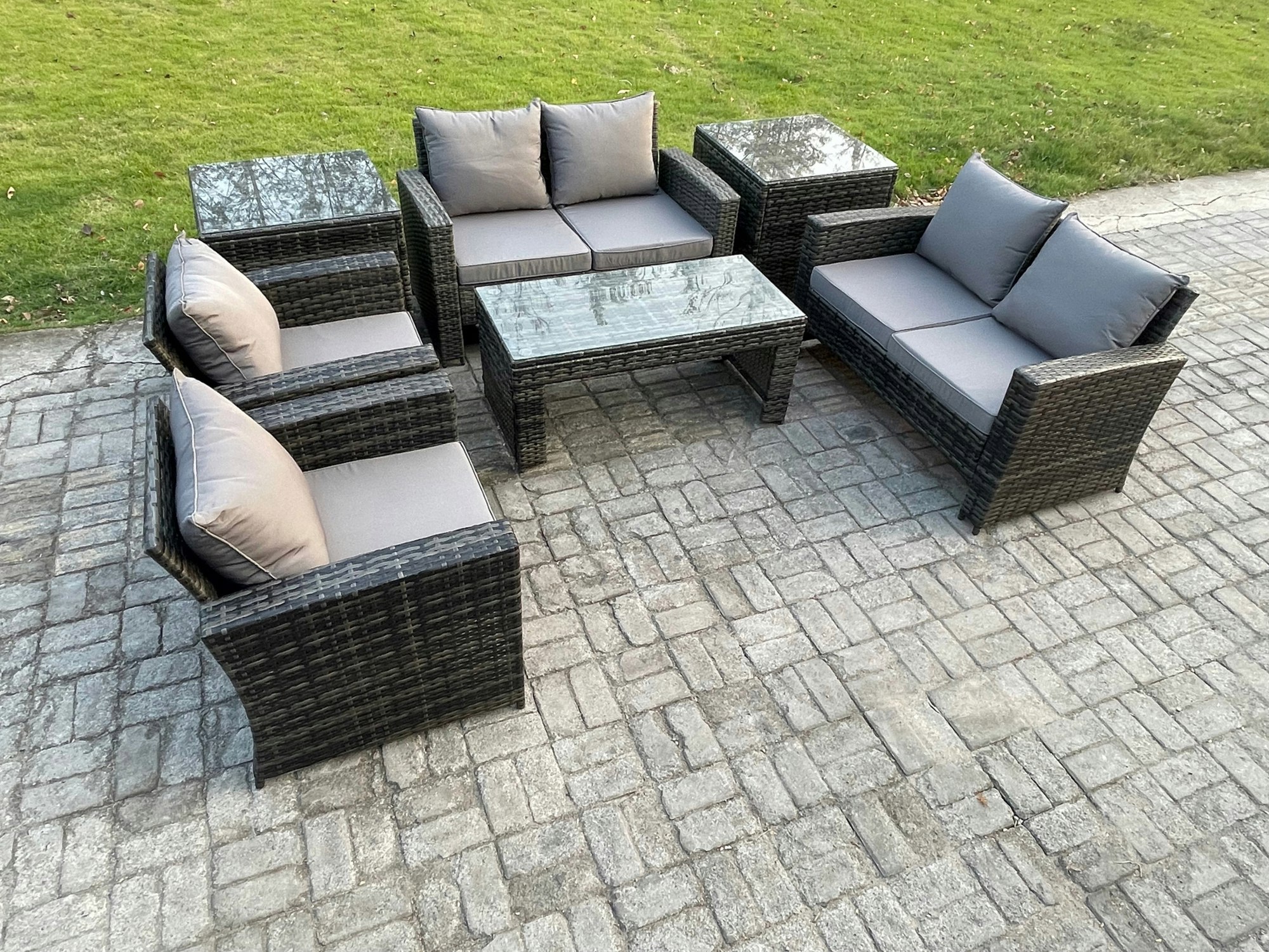 Rackhams Dark/Grey 6 Seater Mixed High Back Rattan Sofa Set Coffee Table Garden Furniture Outdoor Patio With Love Sofa Arm Chairs 2 Side Tables