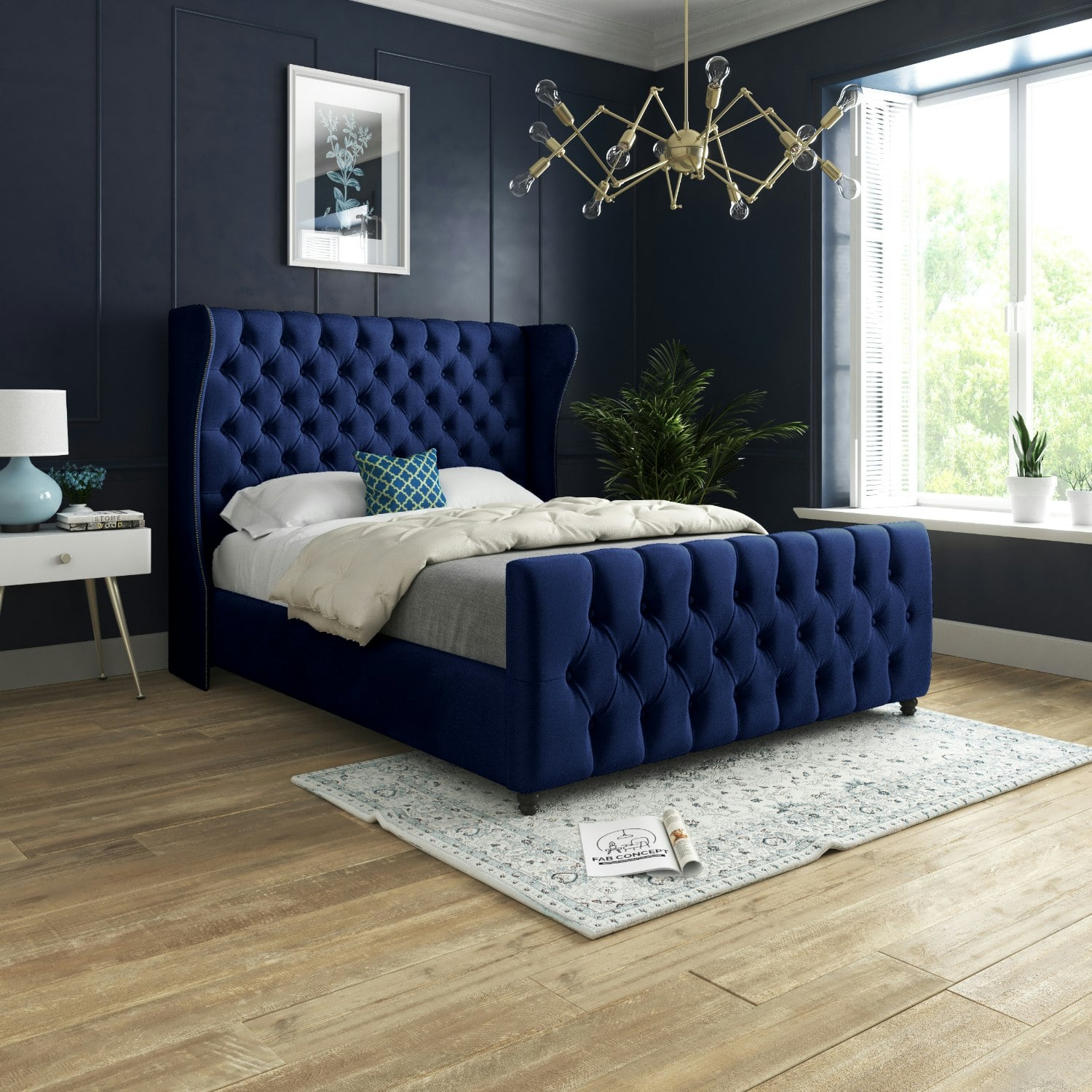 Rackhams Blue Donati Straight Curved Top Upholstered Soft Velvet Bed Frame - King