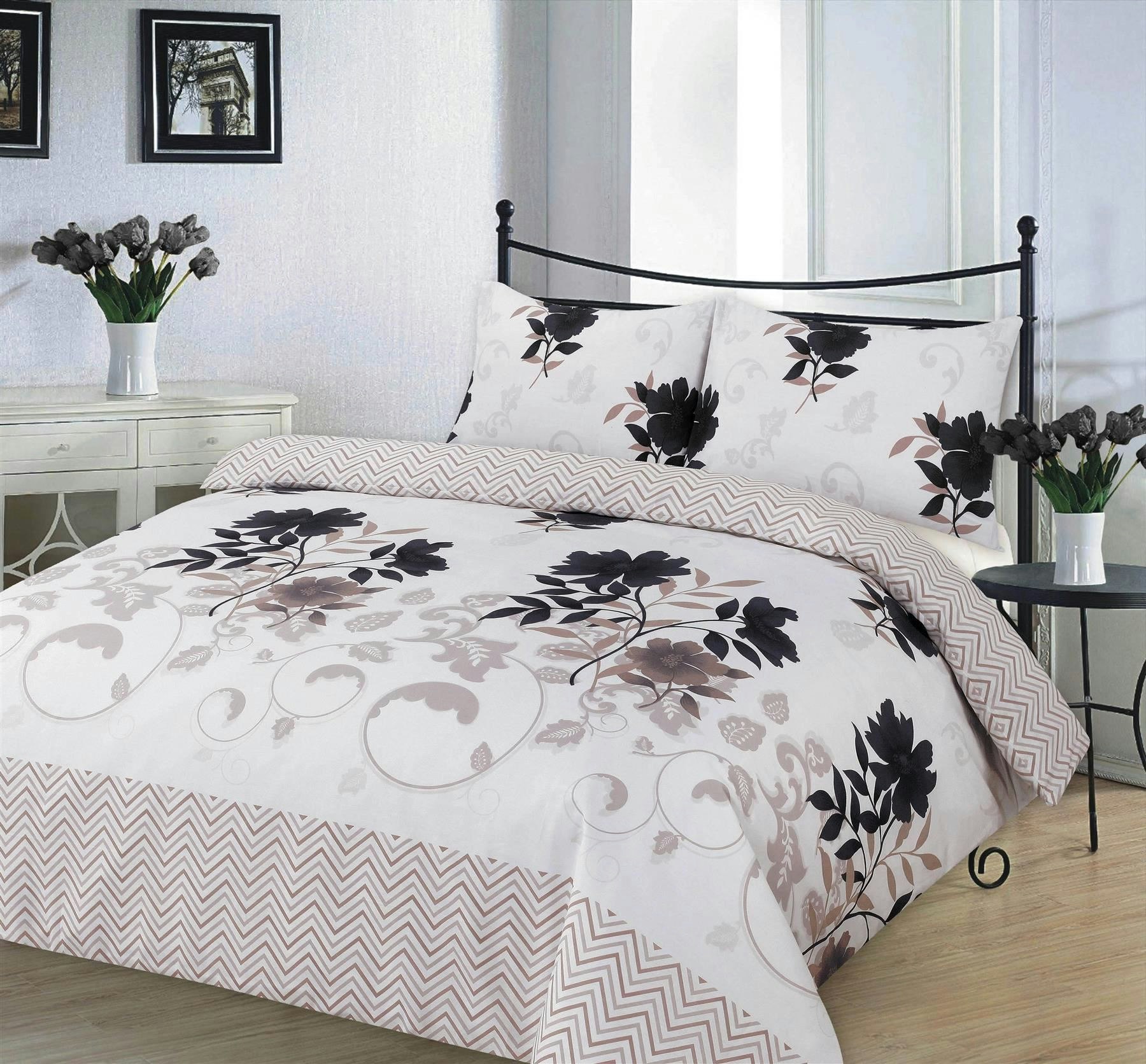 Rackhams Black Bethany Floral Duvet Cover Set Reverisible Zig Zag Bedding - Single