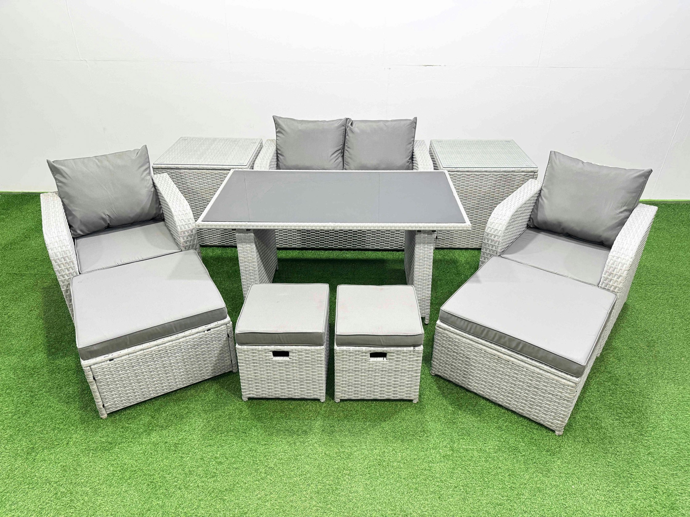 Fimous Light/Grey 8 Seater Patio Garden Furniture Sets With Dining Table Love Sofa 2 Side Tables 4 Stools