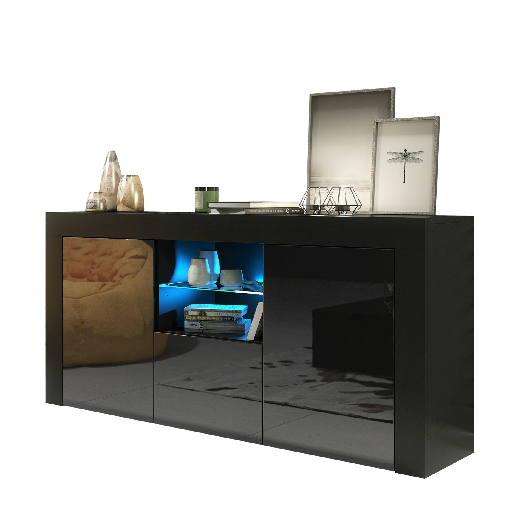 Rackhams Black Modern 145Cm Tv Unit, Cabinet Stand & With Gloss Doors & Free Led - 145 Cm - 1 - Matt Body & Gloss Doors