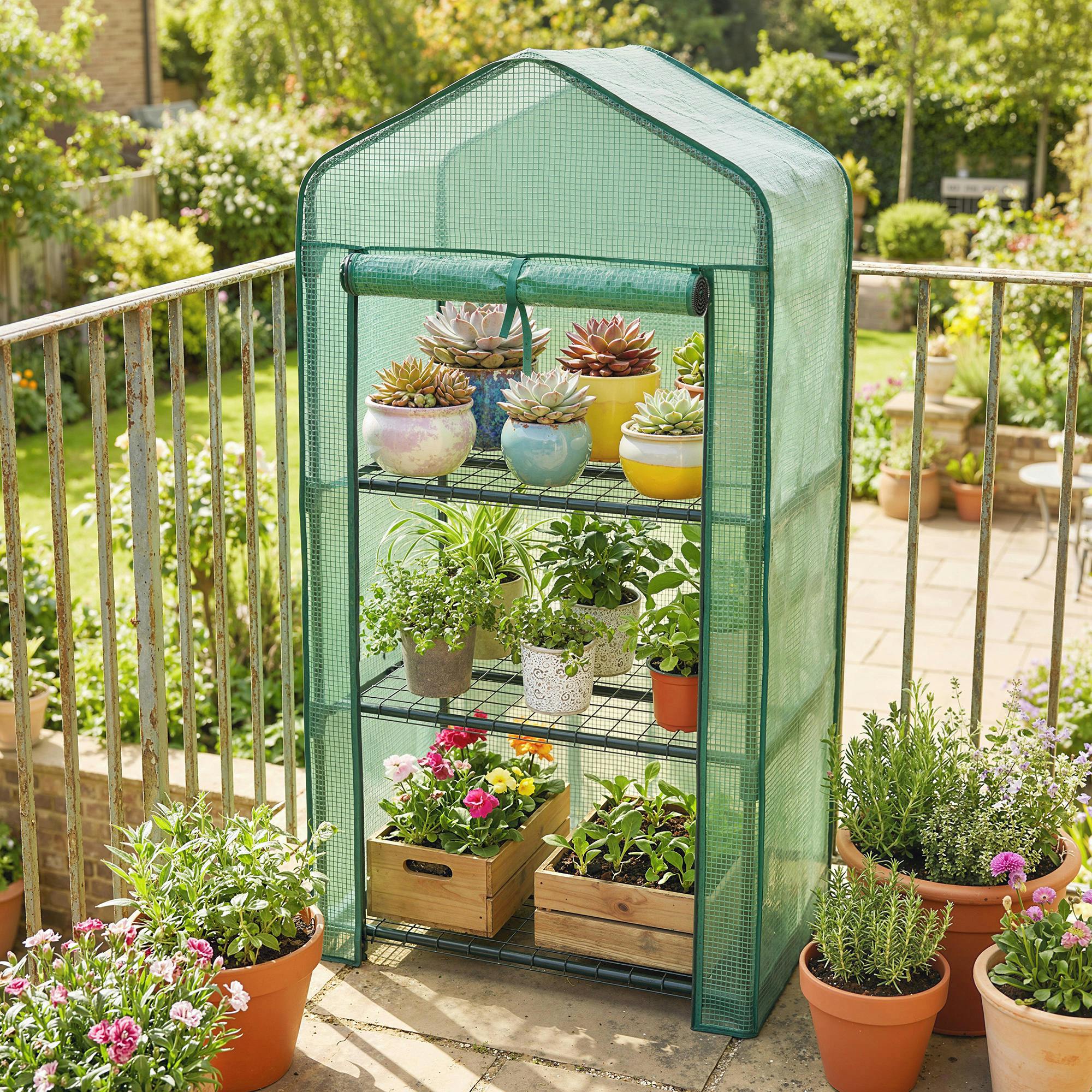 Rackhams Green Portable Mini House With Roll-Up Door And Wire Shelves,