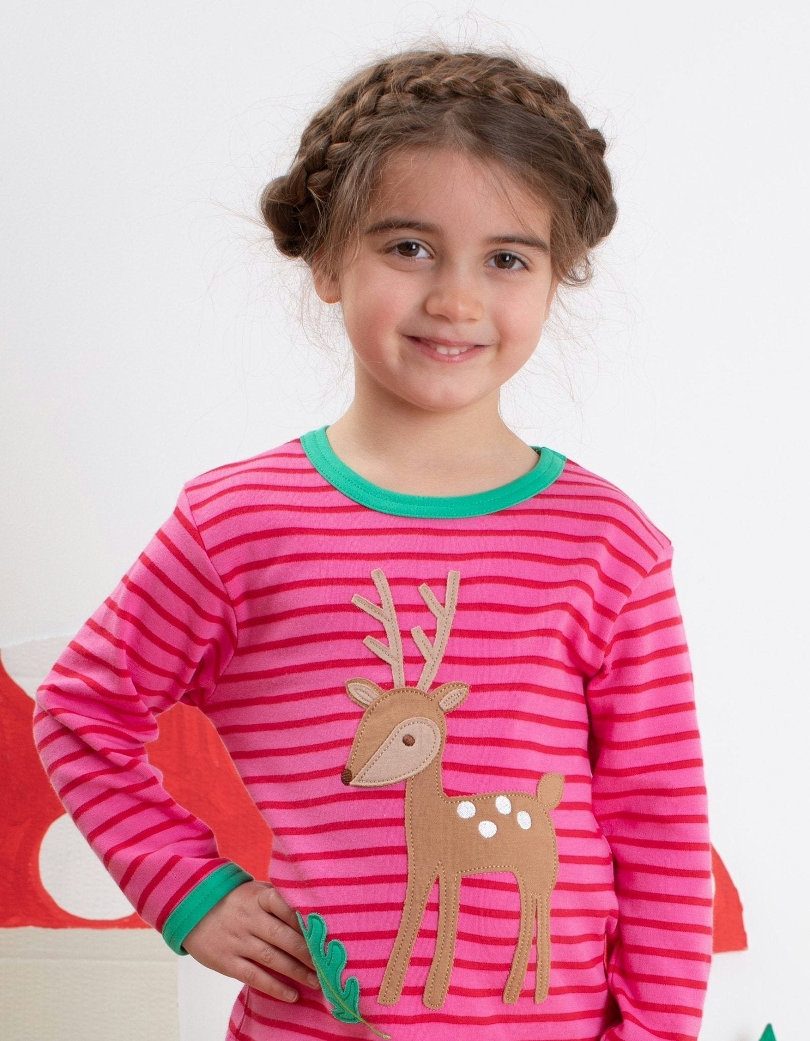 Toby Tiger Pink/Red/Green Organic Fawn Applique Long-Sleeved T-Shirt - 5-6Y 116Cm