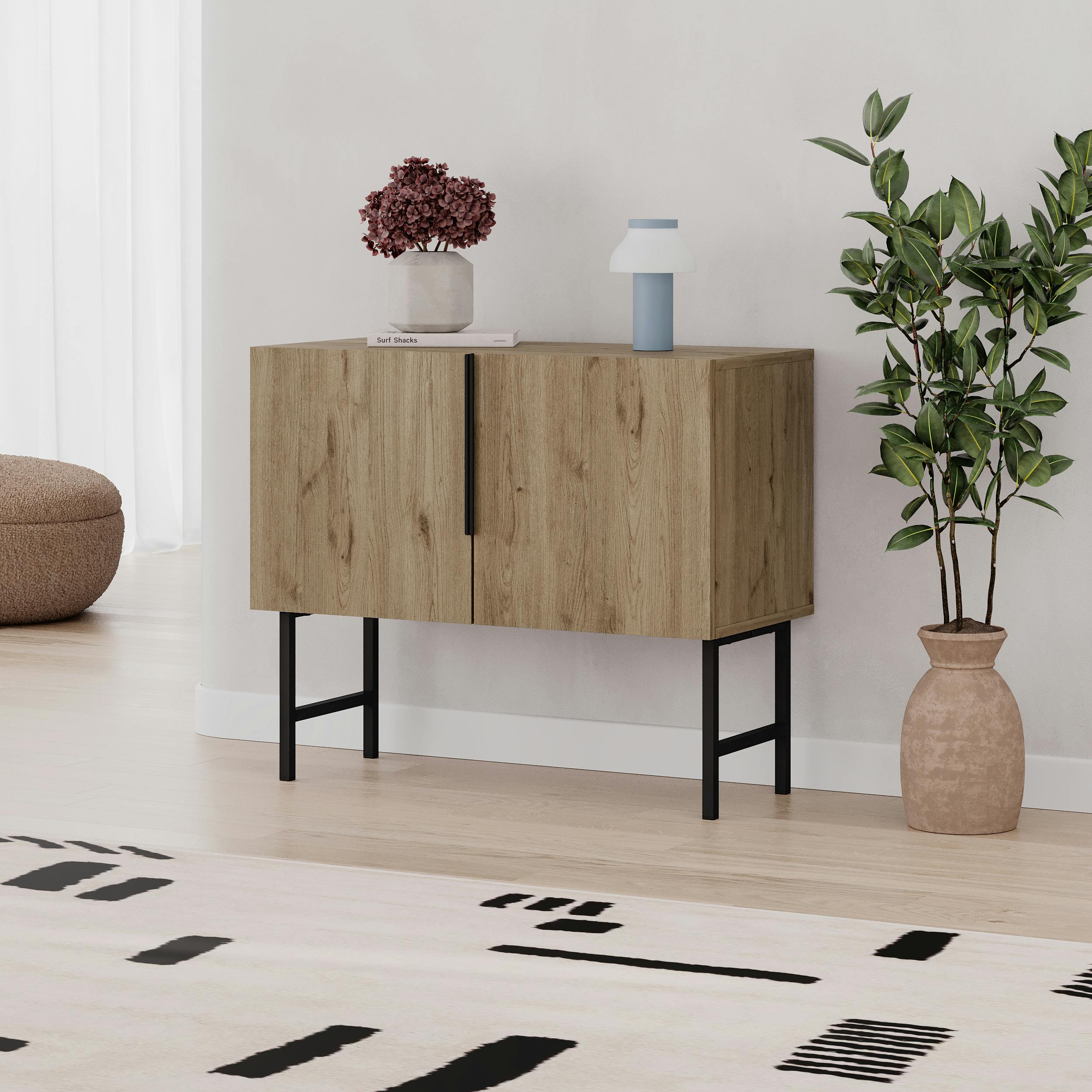 Decortie Black Modern Tona Console Cabinet W/Soft-Close 2 Doors Sideboard Metal Legs 88(W)Cm - Natural Oak