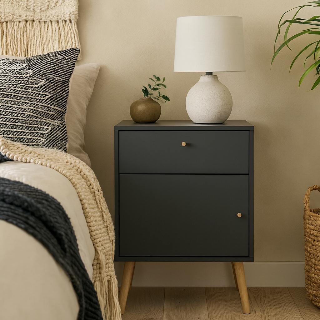 Rackhams Dark/Grey Quietbloom Wooden Bedside Table 1 Door 1 Drawer