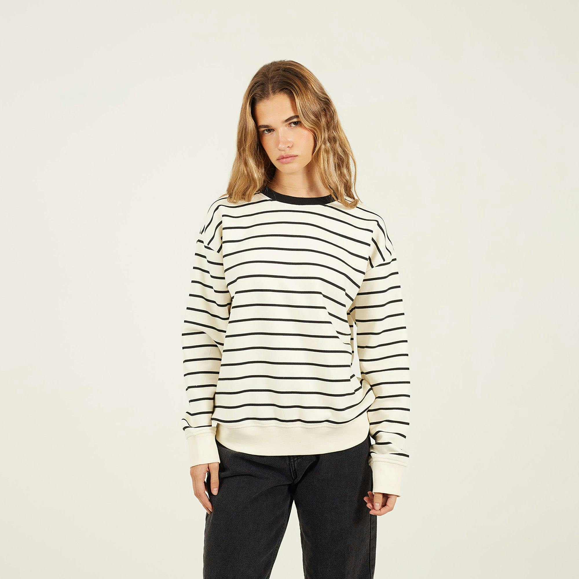 Brave Soul Cream Classic Stripe Crew Neck Sweatshirt - L