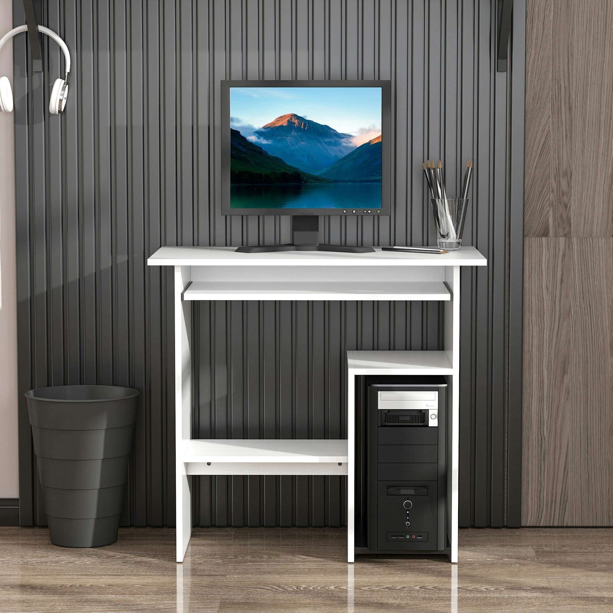 HOMCOM Compact Small Computer Table Wooden Desk Keyboard Tray Storage in White - Image 4