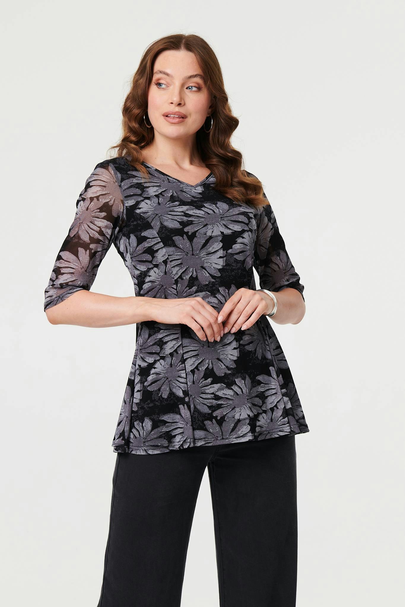 Izabel London Black Floral Relaxed Semi Sheer Peplum Blouse - 12