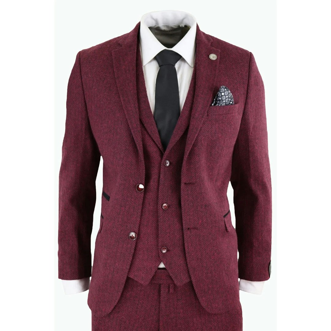 Truclothing Men's Burgundy/Black Stz11 - Wool 3 Piece Suit Tweed Classic - 40" Jacket 34" Trousers