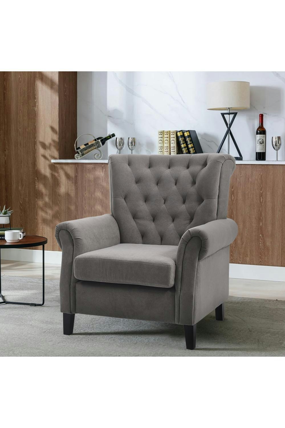 Rackhams Grey Tufted Upholstered Wingback Armchair
