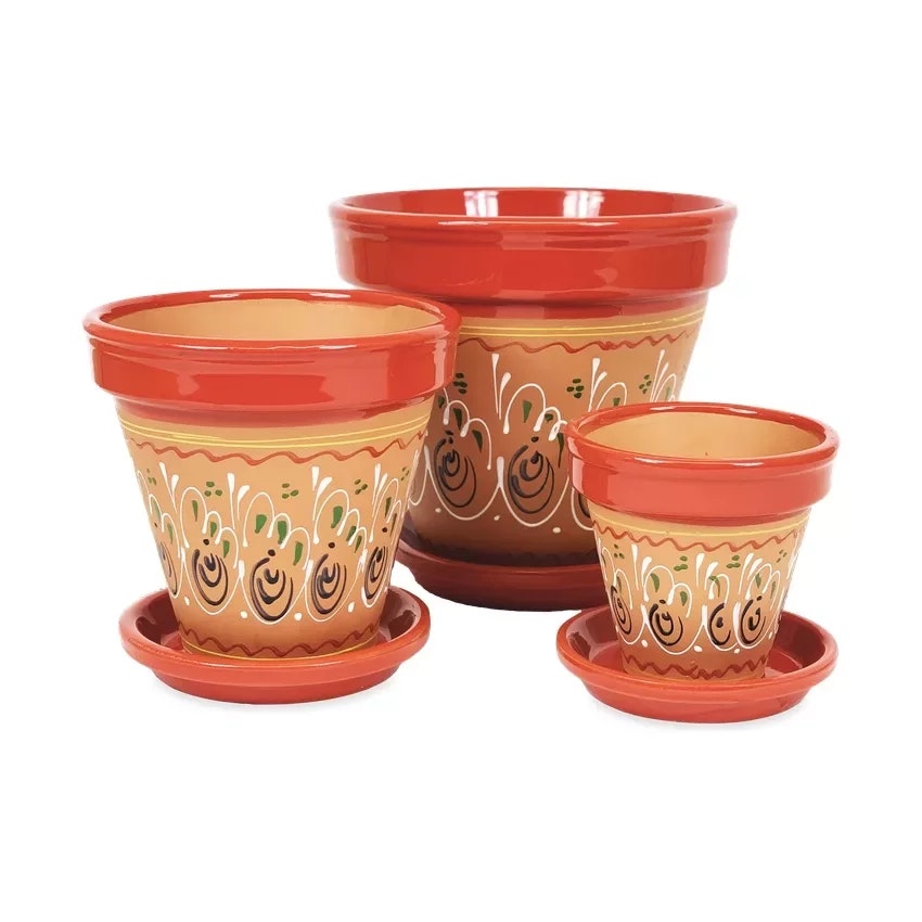 Verano Spanish Ceramics Red Classic Inca Plant Pots - Set Of 3 - 3 X Classic Pots With Drainage Plates - Terracotta