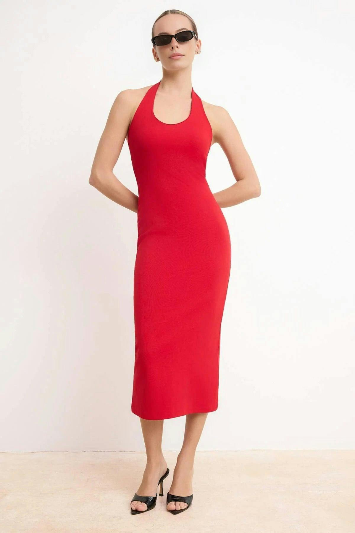 Wovcor Red Bodycon Midi Dress - Xl