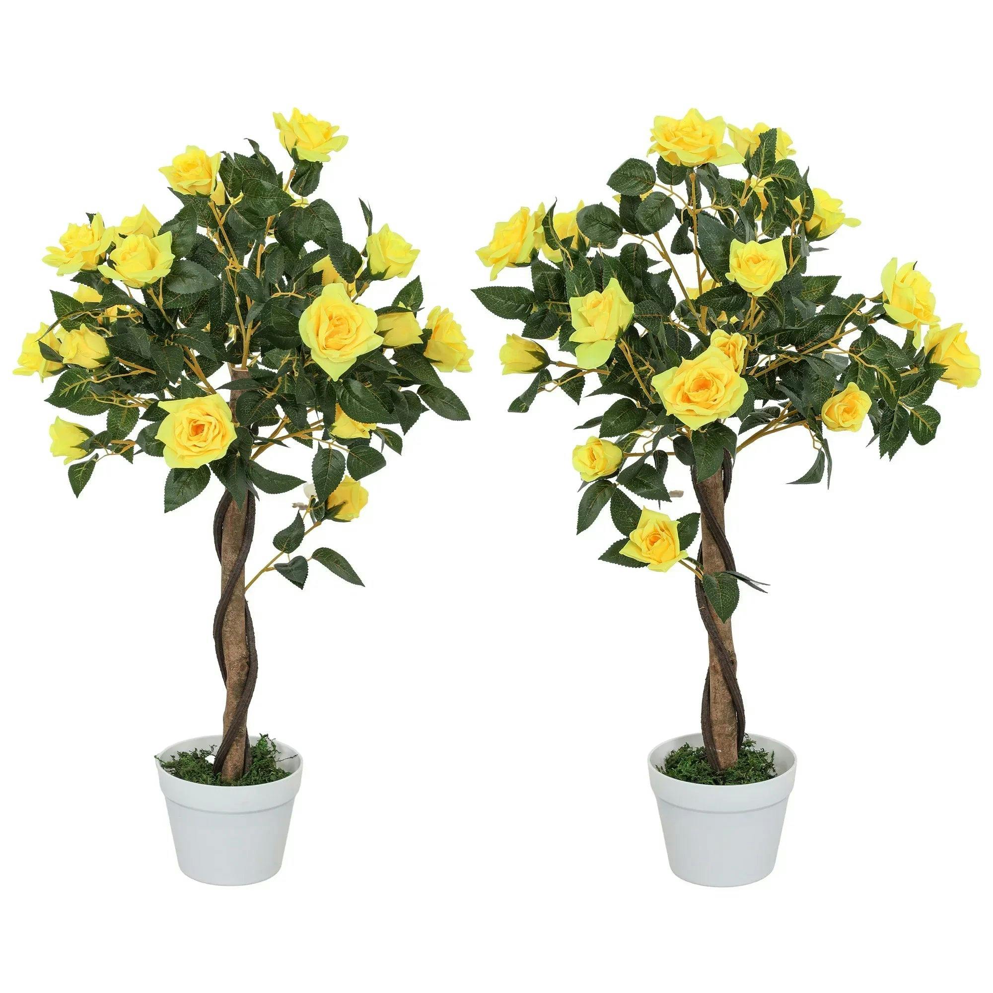 Outsunny Yellow/Green Set Of 1/2 90Cm Artificial Rose Tree, Fake Decorative Plant - And - 2 - Image 5