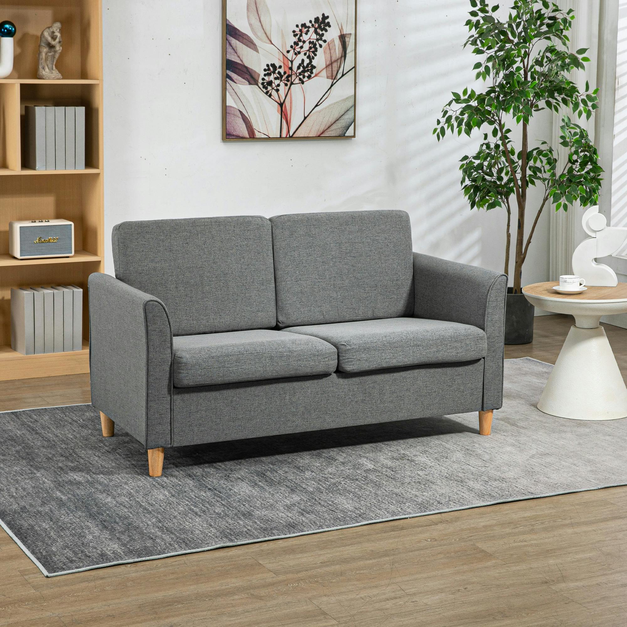 HOMCOM Double Seat Sofa - Grey Linen Upholstery Loveseat Couch with Armrests - 141cm Wide - 200kg Capacity - Image 3