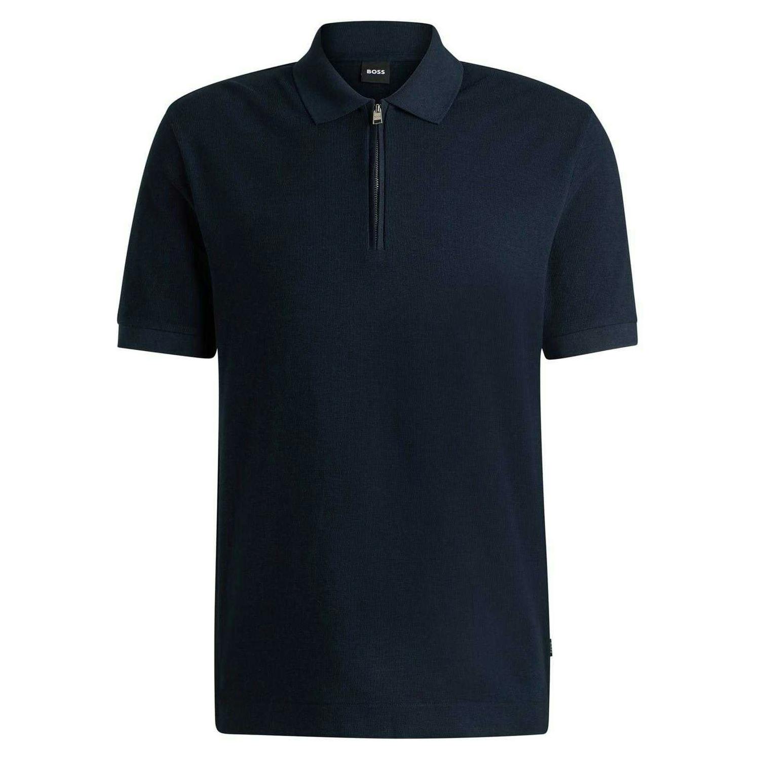 Boss Men's Dark/Blue Zip Neck Regular Short-Sleeved Polo Shirt - L - 100% Cotton