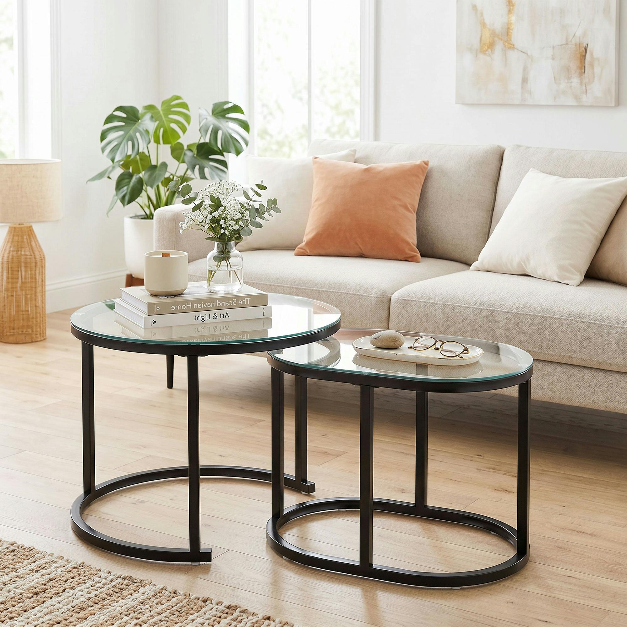 Homcom Black 2 Pcs Modern Coffee Table With Tempered Glass Tabletop,