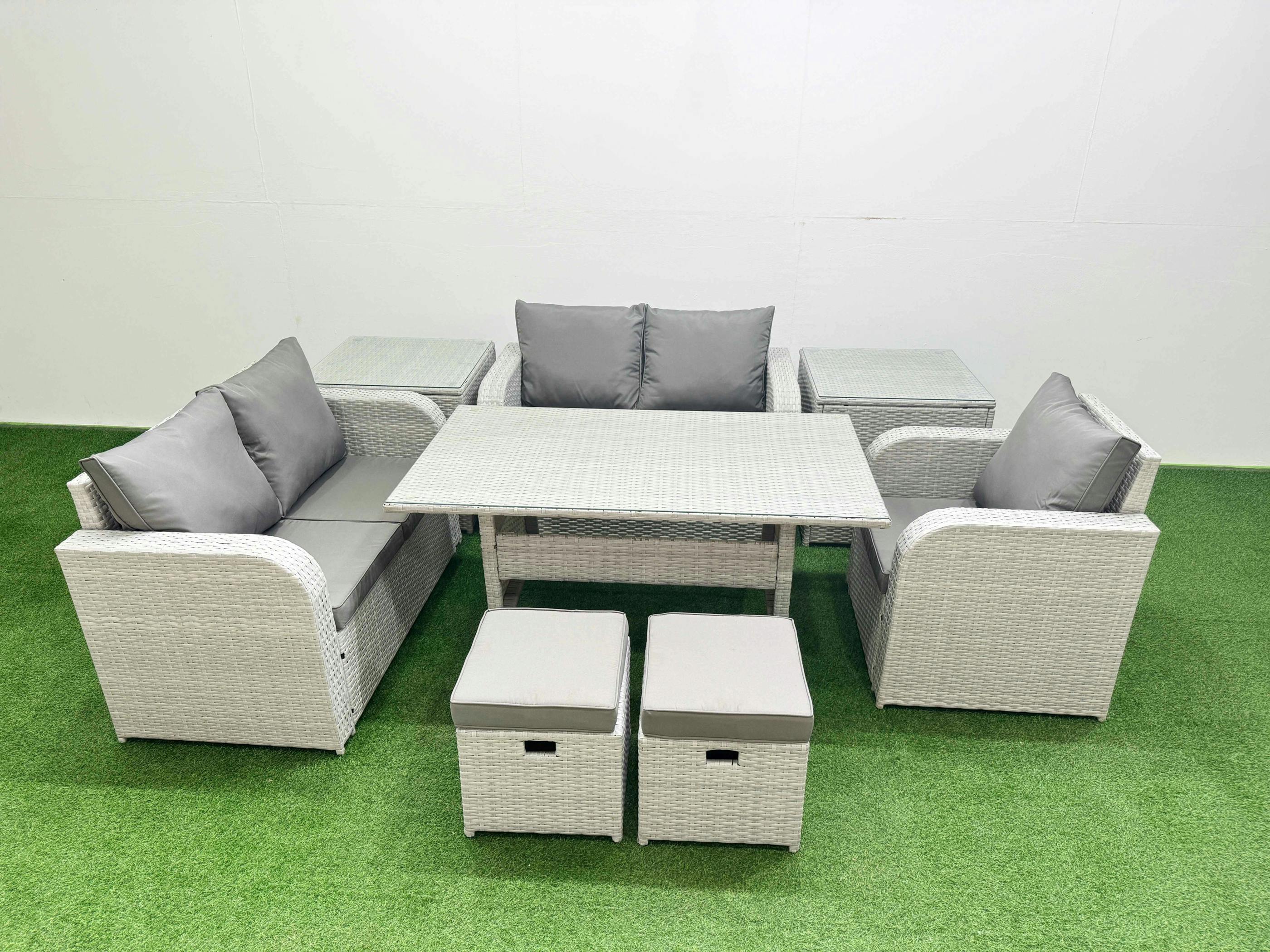 Rackhams Light/Grey High Back Poly Rattan Garden Furniture Set, Reclining Chair, Loveseat, Dining Table, Indoor Outdoor, 2 Stool, 2 Side Table,