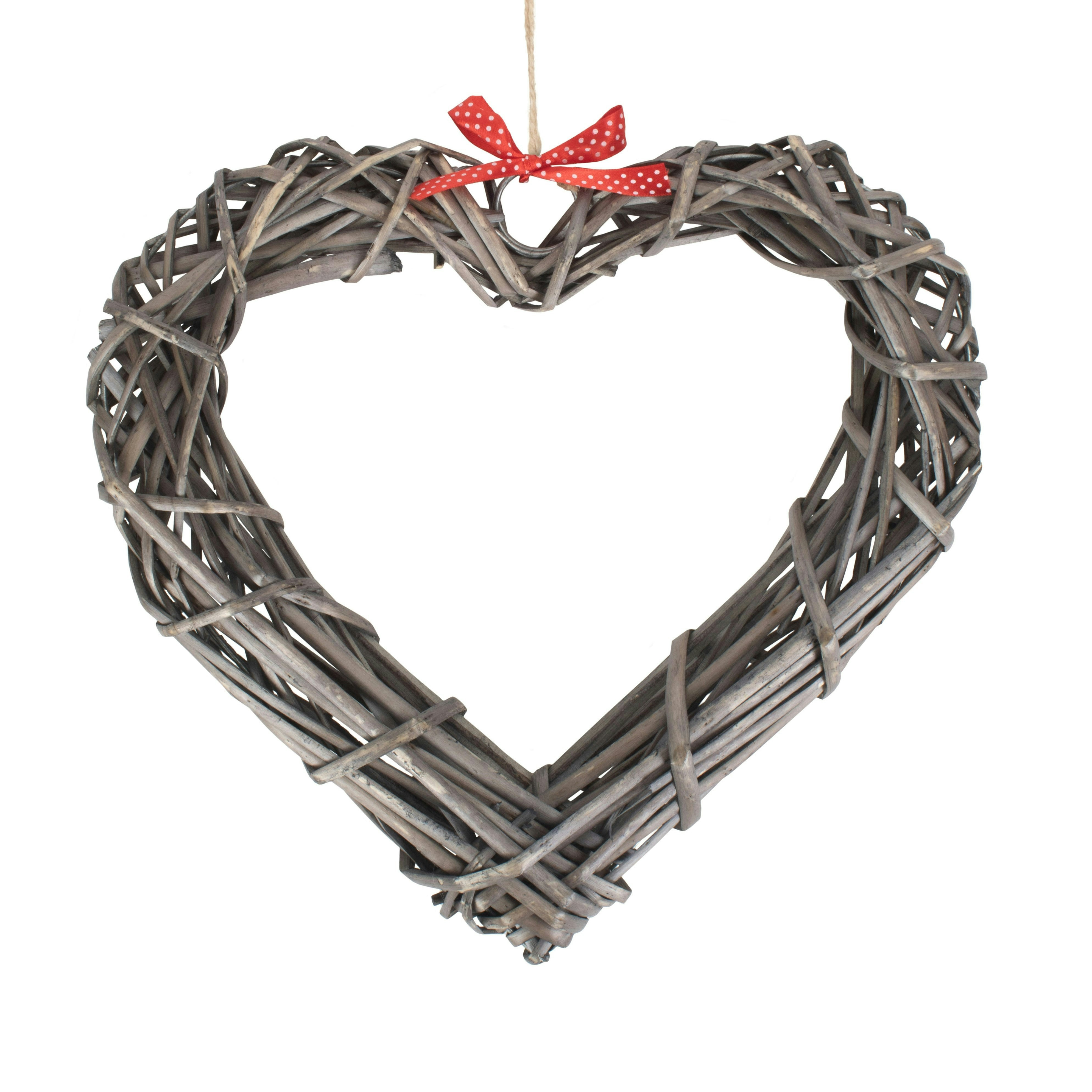 Red Hamper Wicker Wide Heart Wreath With Spotty Ribbon - Wide