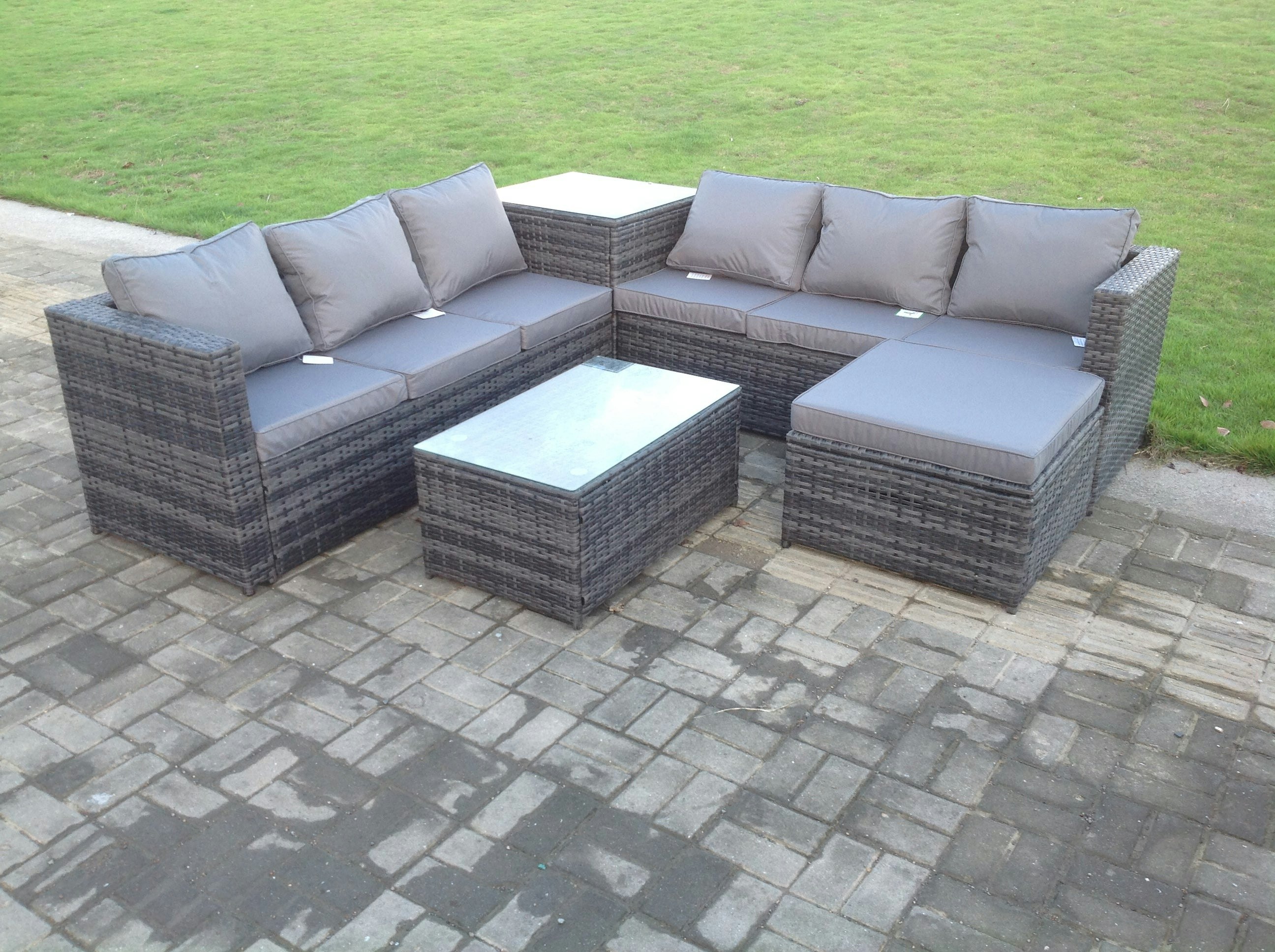 Fimous Dark/Grey 7 Seater Rattan Corner Sofa Lounge Sofa Set With Oblong Coffee Table And Big Footstool