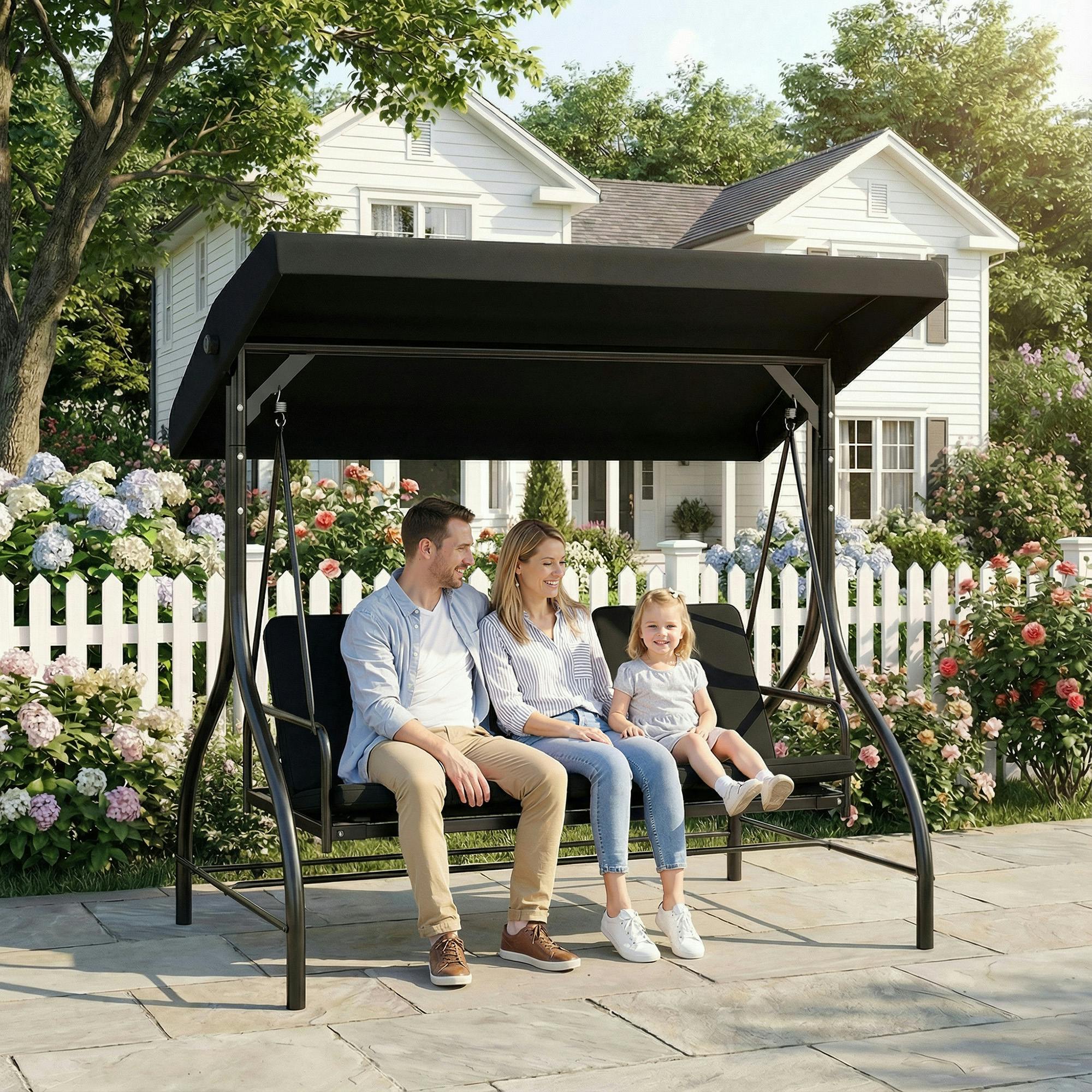 Rackhams Black 3 Seater Canopy Swing Chair Porch Hammock Bed Rocking Bench