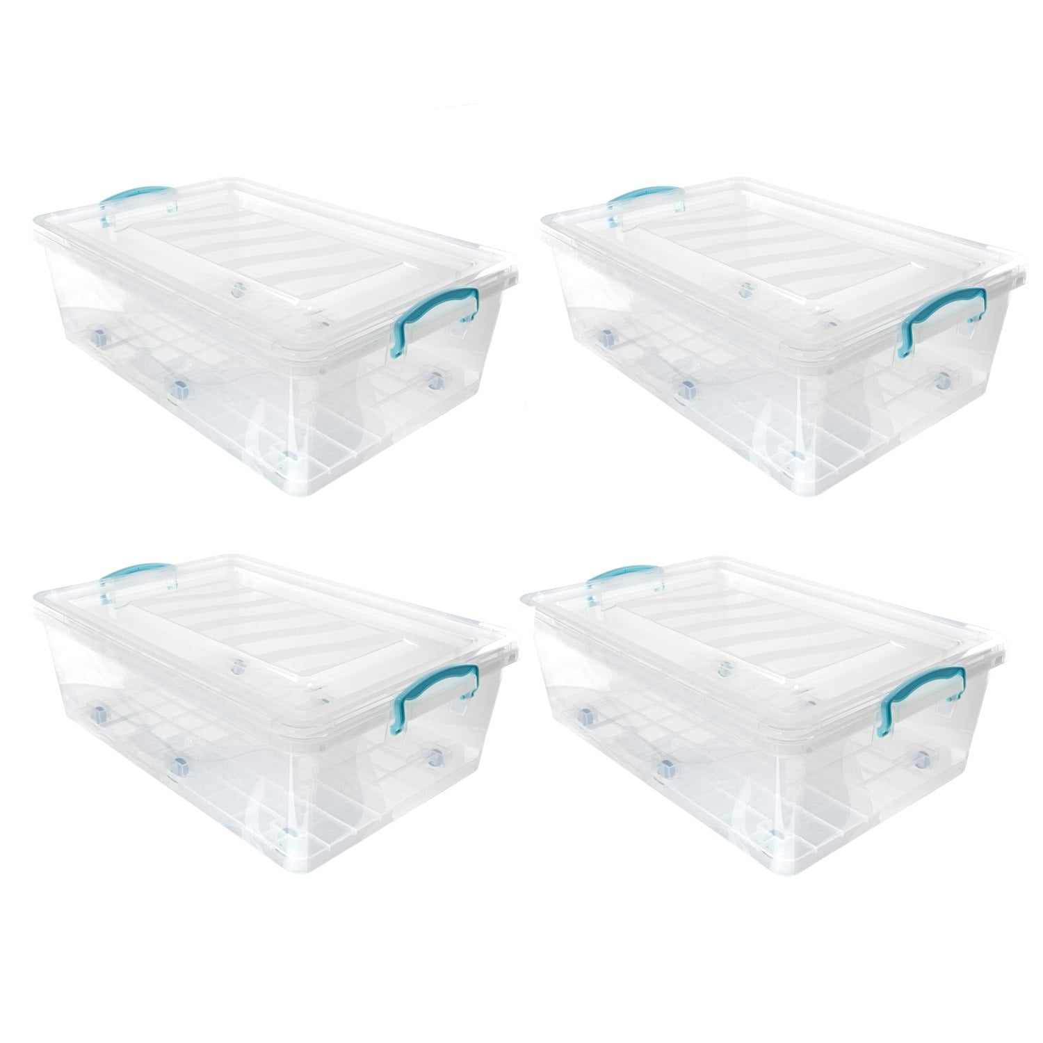 Rackhams Plastic Clip Lidded Underbed Storage Box With Wheels, Stackable & Nestable, Clear, Set Of 4, 30L - 1