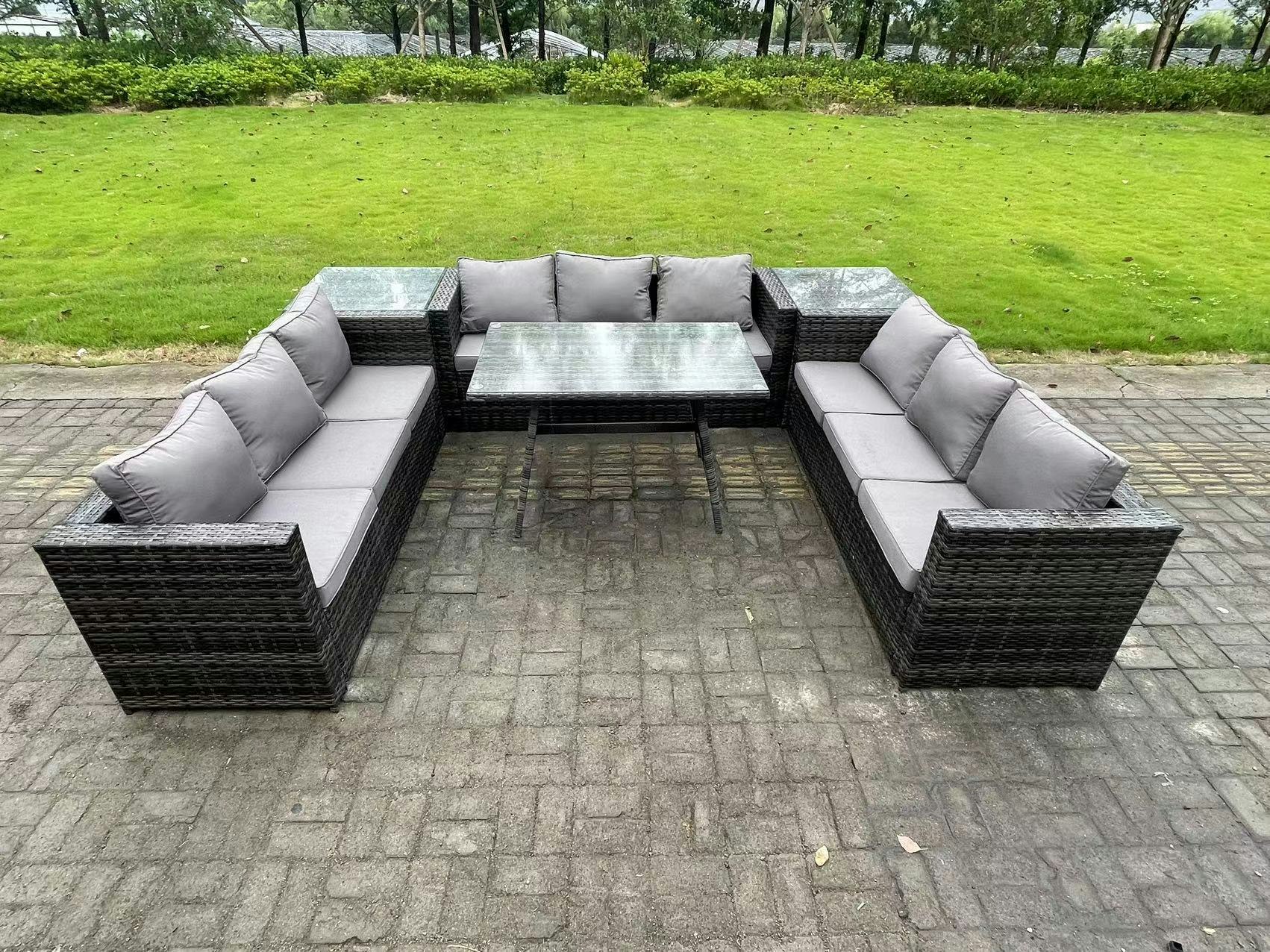 Rackhams Dark/Grey 9 Seater Rattan Outdoor Furniture Sofa Garden Dining Set With Patio Dining Table 2 Side Tables Mixed