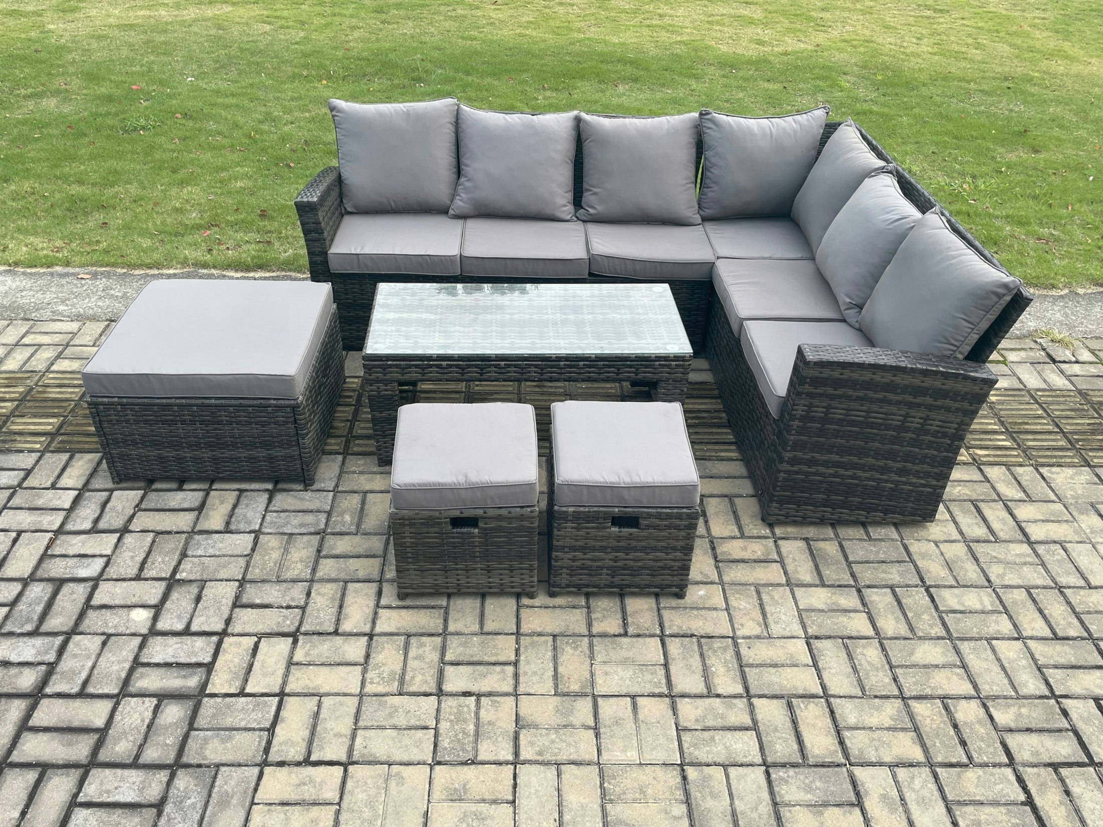 Fimous Dark/Grey Rattan Corner Sofa Garden Furniture Set With 3 Footstools Rectangular Coffee Table With Cushion Mixed