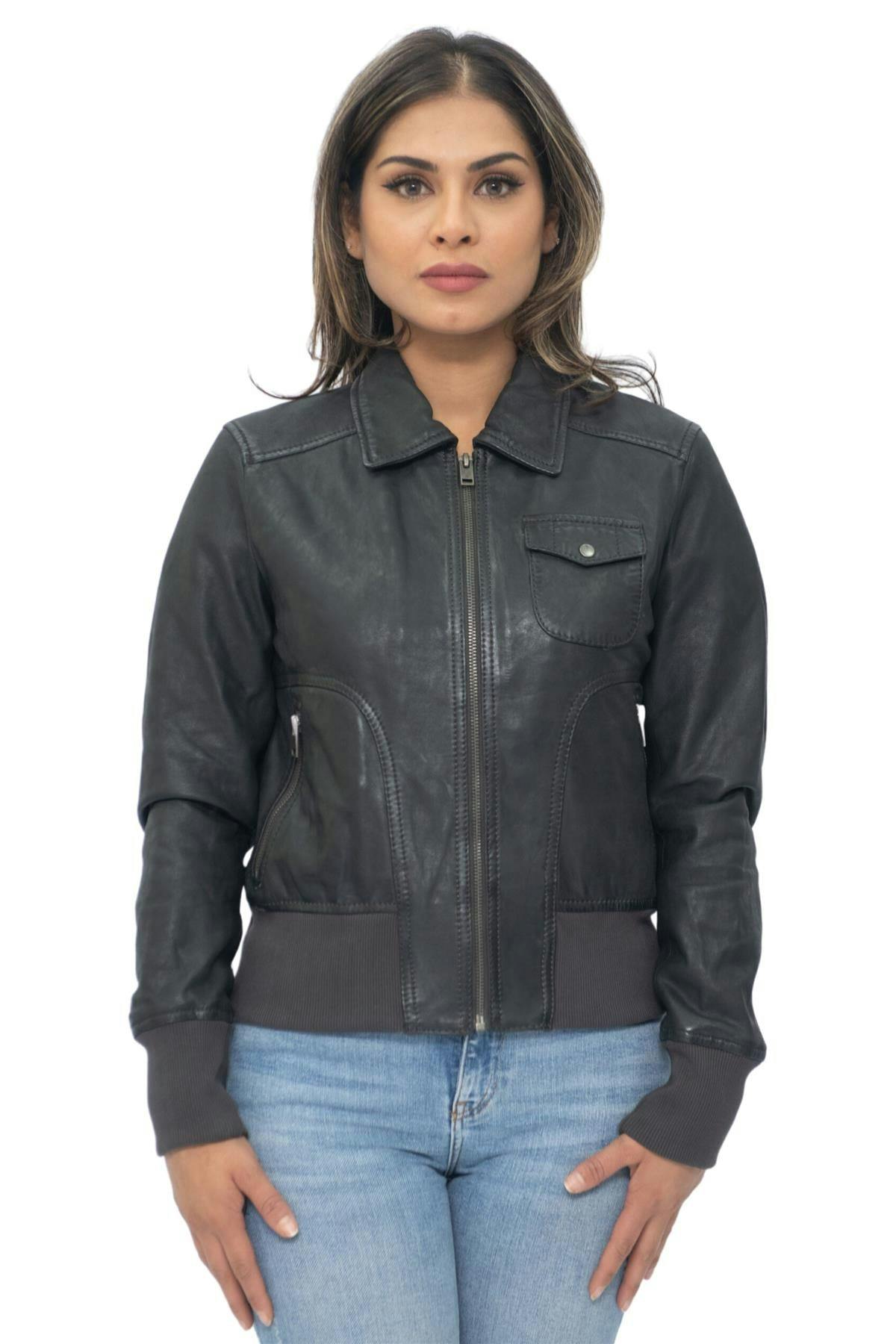 Infinity Leather Women's Grey Leather Ma-1 Varsity Jacket-Ann Arbor - Uk 4XL/22 | Eu 48 | Us 18