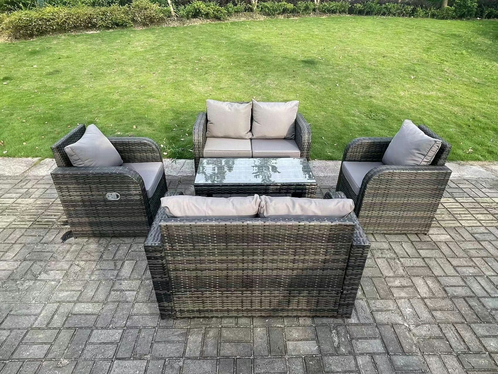 Fimous Dark/Grey 6 Seater Pe Wicker Rattan Garden Furniture Set Reclining Chair 2 Seater Love Sofa Set Outdoor Rectangular Coffee Table