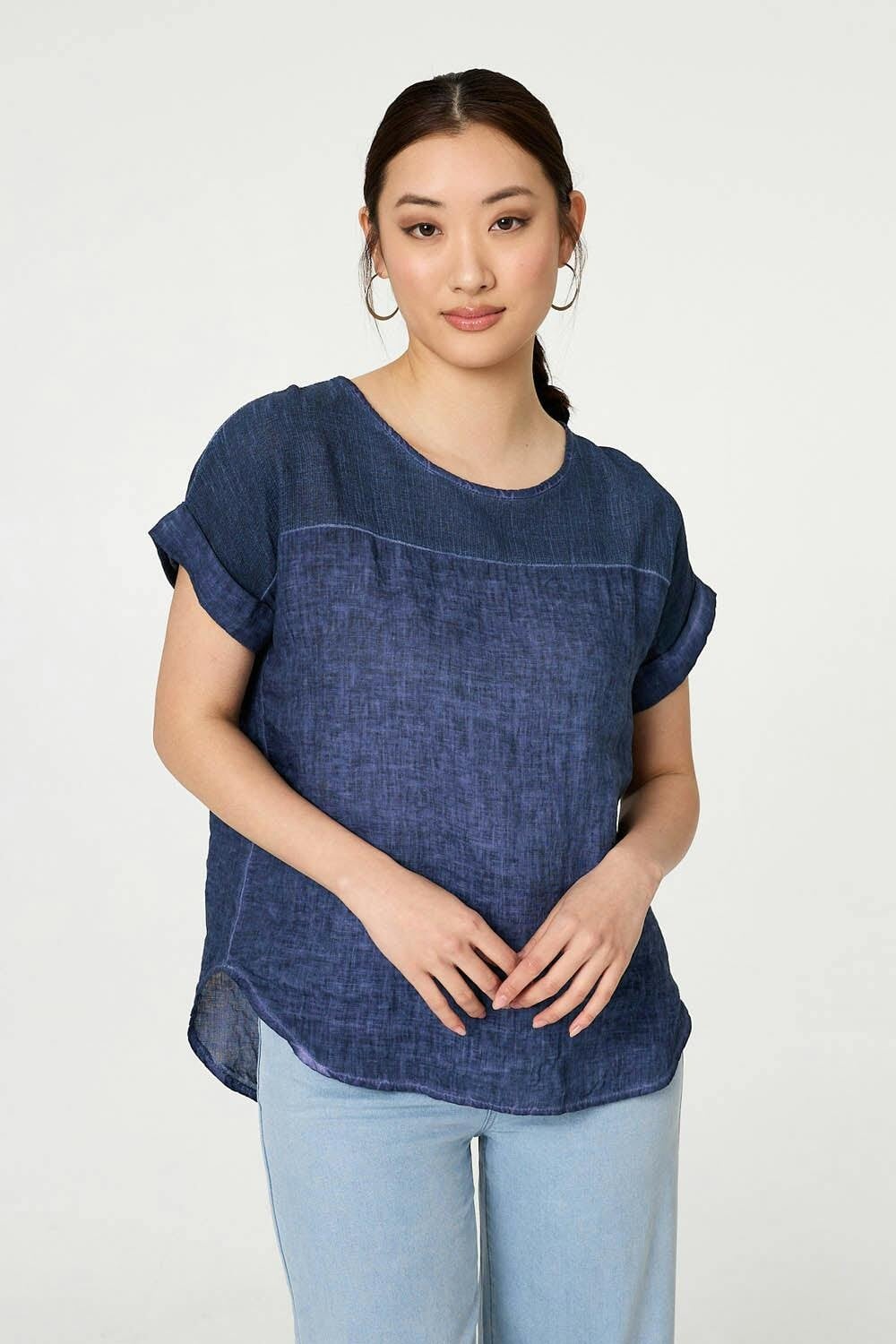 Izabel London Contrast Texture Relaxed Curve Hem Top - 8 - Navy