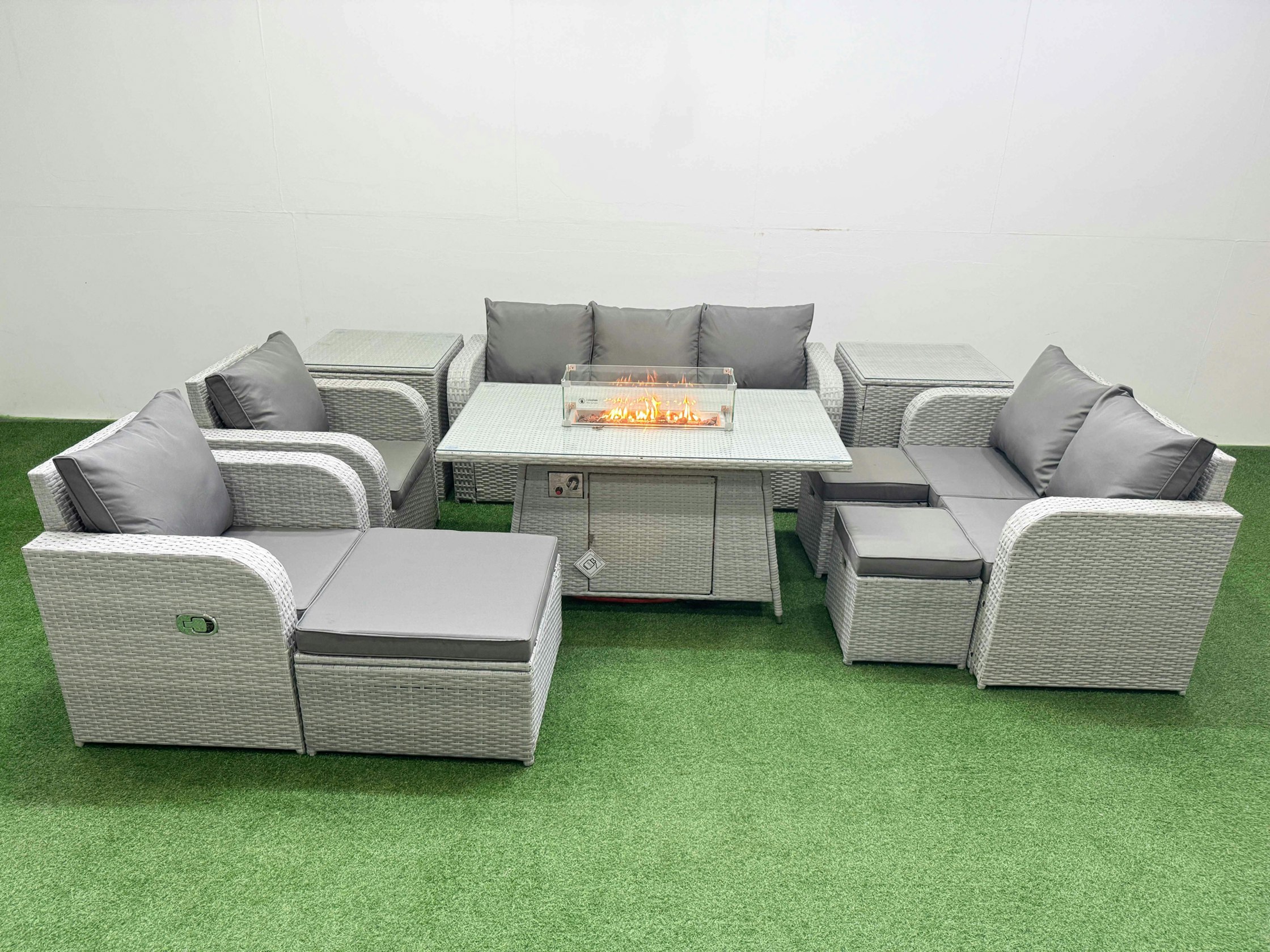 Fimous Light/Grey Rattan Garden Furniture Set Reclining Chair Sofa Double Love Seat 2 Seater Sofa Fire Pit Dining Table 3 Stools 2 Side Table