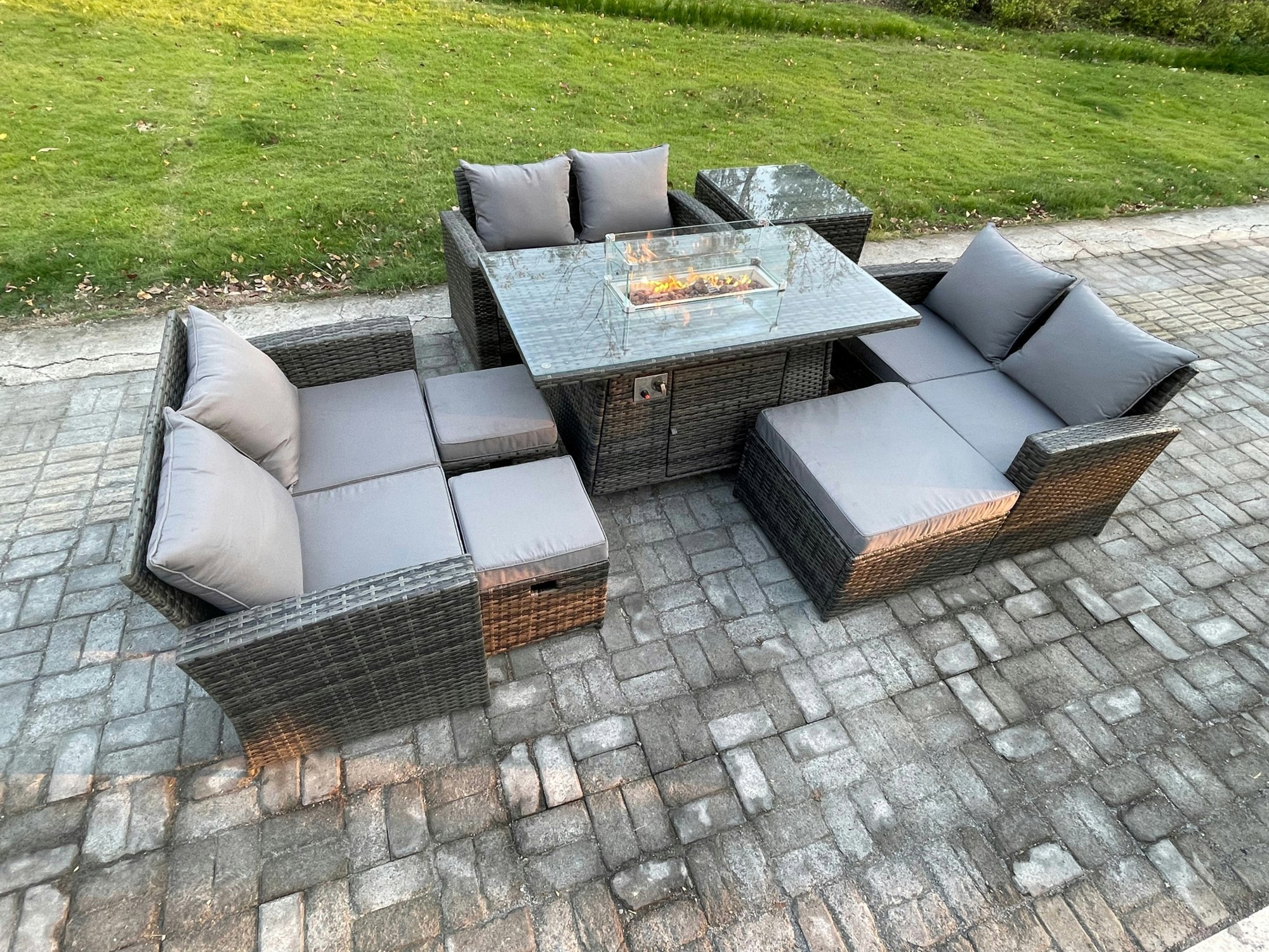 Rackhams Dark/Grey High Back Rattan Garden Furniture Sofa Sets With Outdoor Furniture Gas Fire Pit Dining Table Set 3 Footstools Side Table Mixed