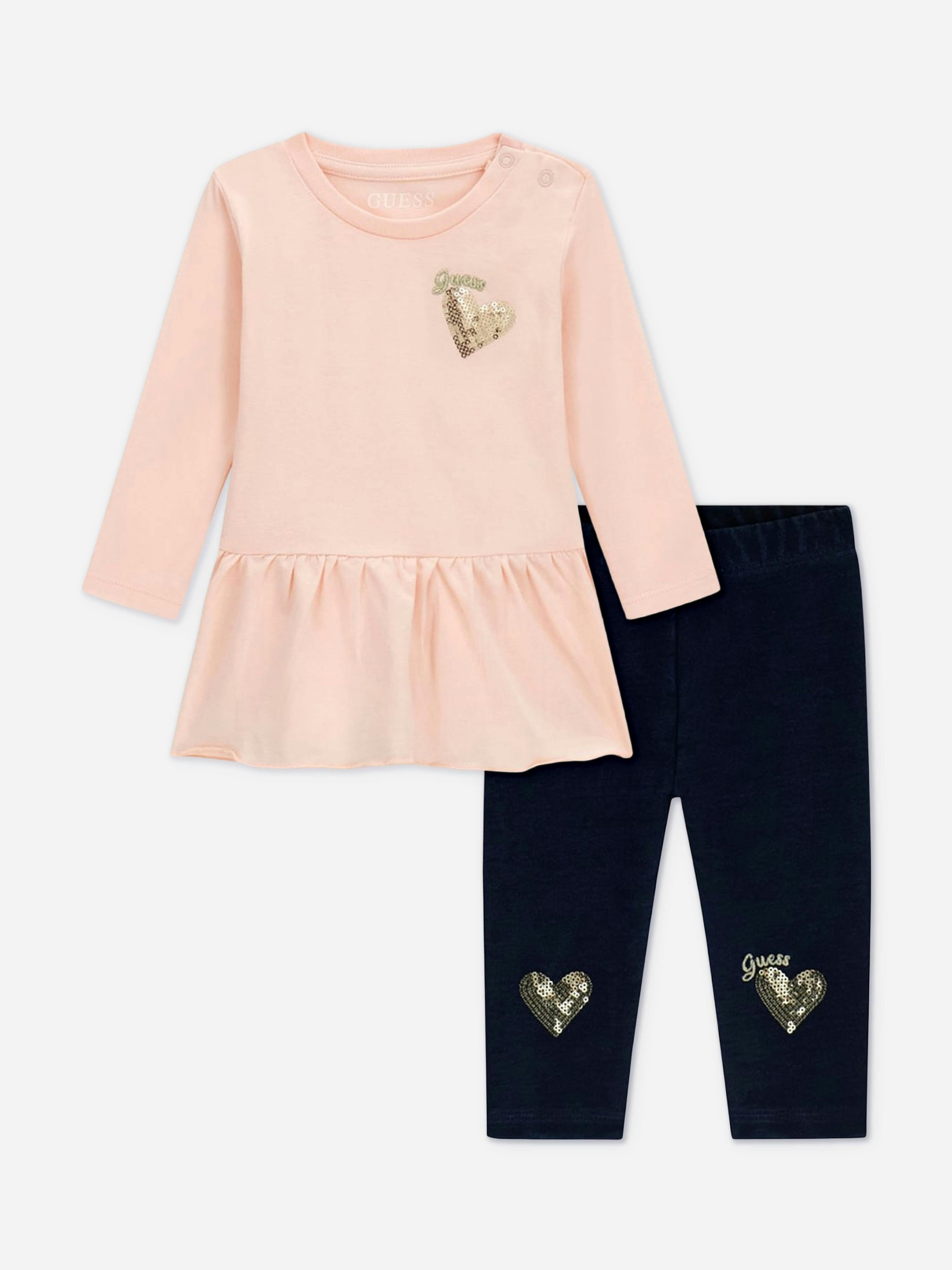 Guess Women's Pink Baby Girls Ls T-Shirt And Denim Pants Set In - 6 - 9 Mths
